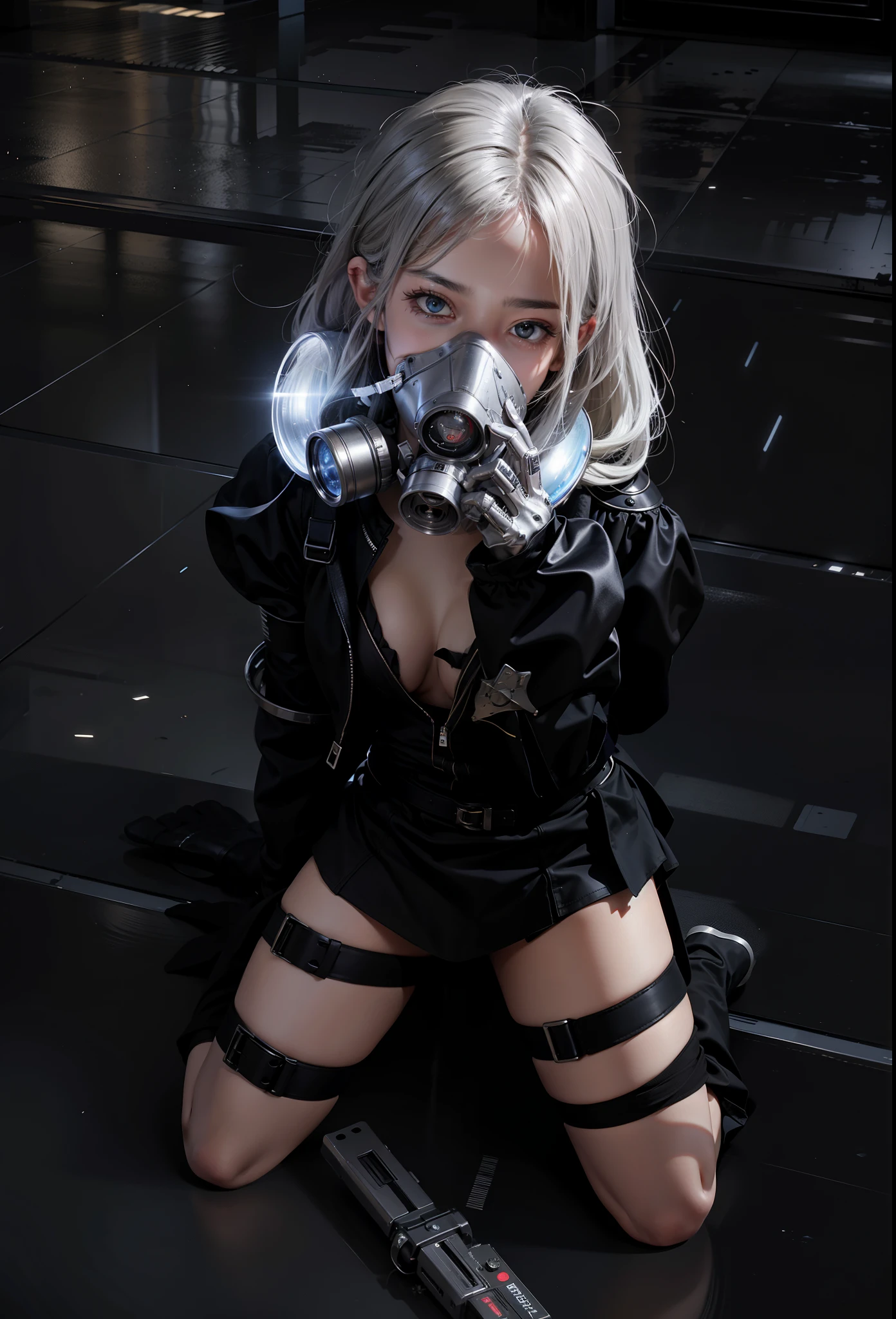 Araf wearing a silver helmet,In a building with advanced technology, cybernetic and highly detailed, High-detail 8K rendering, High-detail 8K rendering, Beautiful character design, 4k highly detailed digital art, cgsociety UHD 4k very detailed, 8K high-detail concept art, High detail 4k rendering, Render with redshift,High-tech gas mask,Put your hands behind you(No hands exposed)
