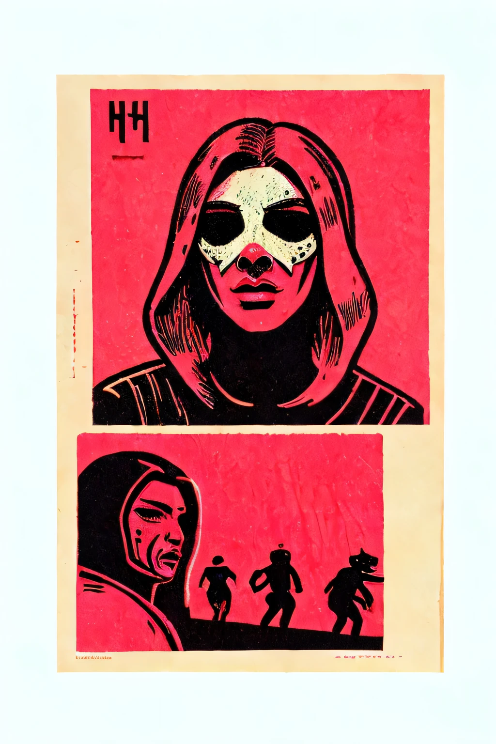 Hotline Miami, at the Bullfights. Great design and composition, Lino Cut Print, worn and bad print effects, vector print, flat illustration, ultra detailed, high quality, extremely fine and beautiful design, award winning, masterpiece, sharp focus, 8K, VSML, GBH