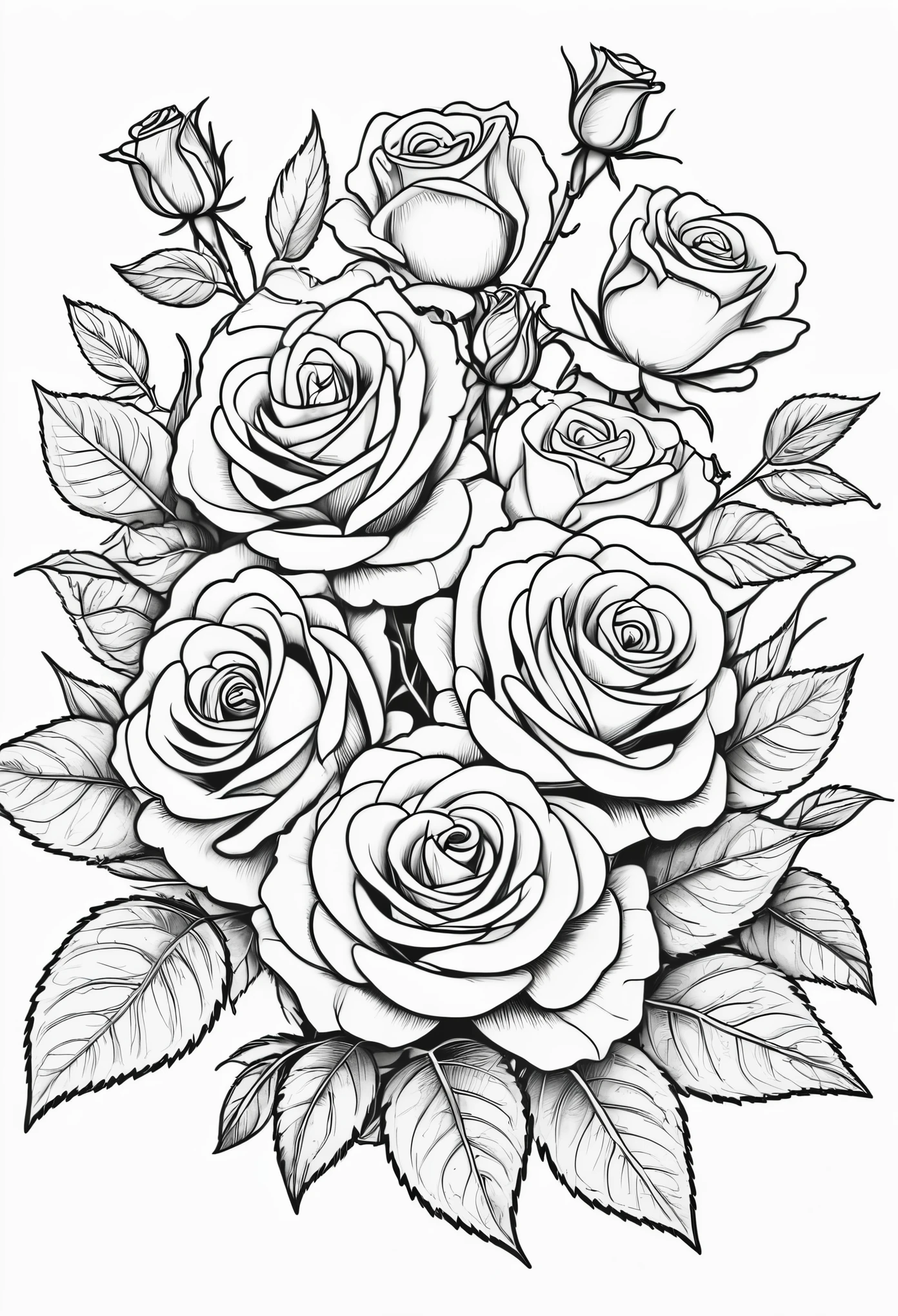 Line drawing, Pixar style, coloring page, With multiple roses in one bouquet , ColoringBookAF,blank white background,ColoringBookRedmond-ColoringBook