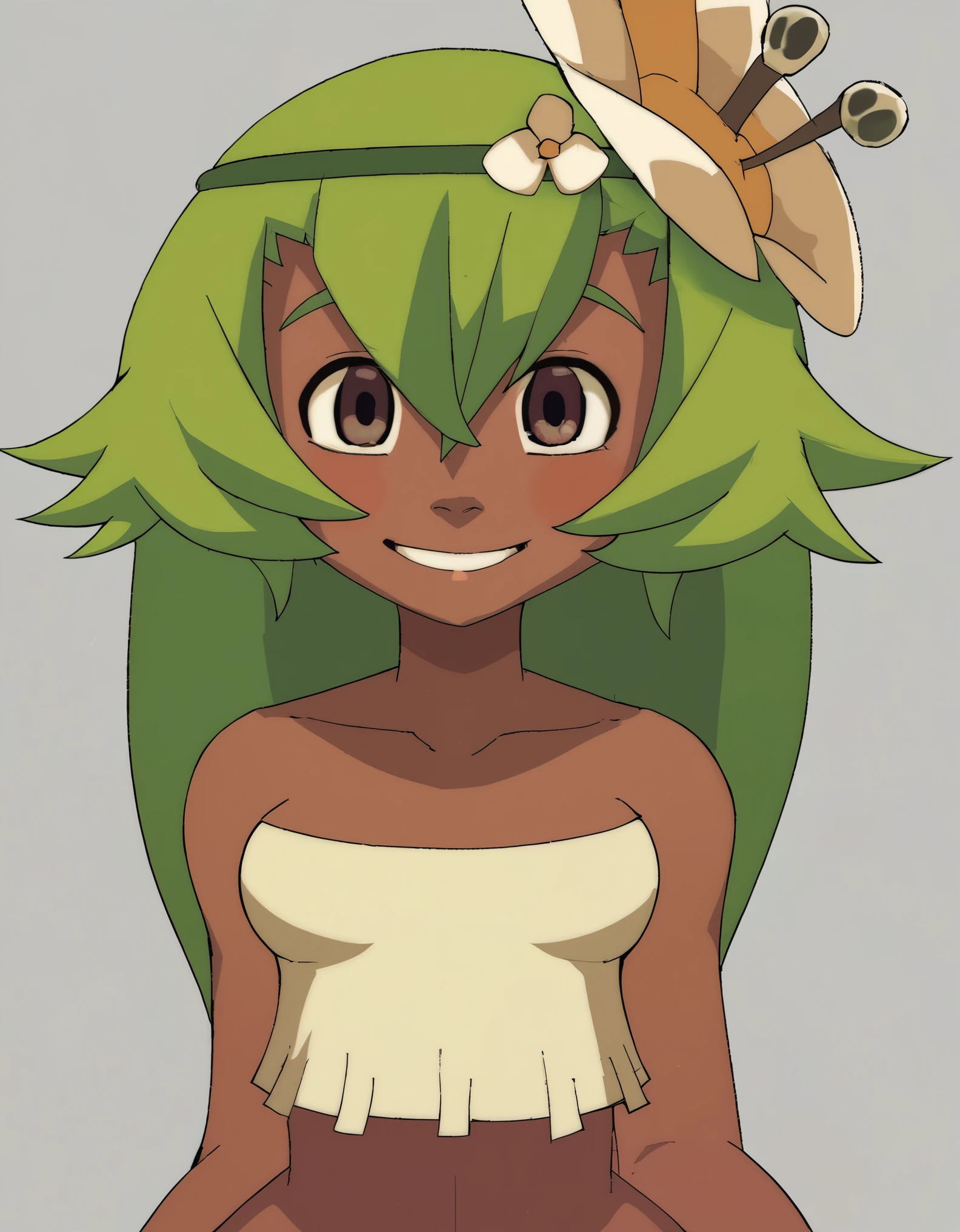 score_9, score_8_up, score_7_up, score_6_up, BREAK, source_cartoon, source_anime, 1girl, amaliayoung, green hair, long hair, hair flower, dark skin, bare shoulders, tube top, upper body, smile, looking at viewer, solo, simple background 