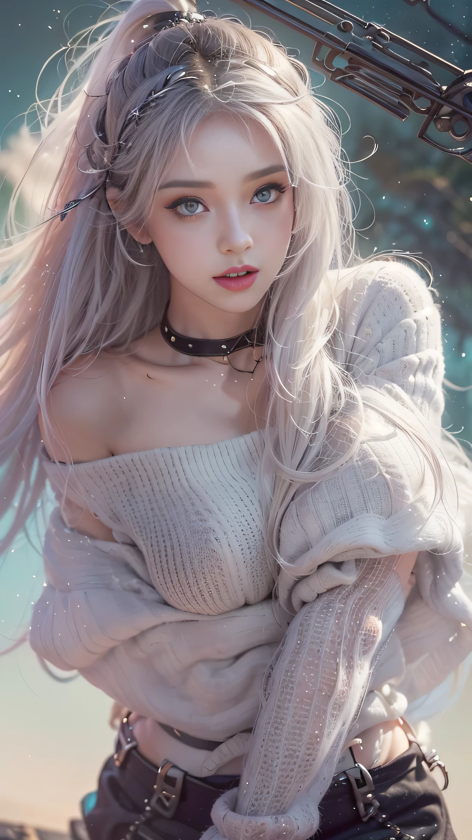 ((masterpiece:1.4)、(best quality:1.4)、(actual:1.7))、Written by Luis Royo（Written by Luis Royo）Surreal portrait of a beautiful girl、超beautiful girl、((1 girl:1.4))、Glowing natural skin texture、author：Written by Luis Royo（Written by Luis Royo）、19 years old、(upper arm:1.4、two legs:1.4)、(perfect ???????:1.4)、(perfect female figure:1.4)、Girl Portrait Photography、close-up photo、full-body shot、((on the table:1.4), (best qualityの:1.4), (actual:1.7), Written by Luis Royo, beautiful girl, 超beautiful girl, ((1 girl:1. 4), Glowing natural skin texture, author: Written by Luis Royo, 19 years old, (perfect female figure: 1.4), (perfect female figure: 1.) 4), Girl Portrait Photography, close-up photo, （full-body shot片）, fantasy art, Soft headlight, beautiful expression, cute face, beautiful , plump ???????????: 1. 2, beautiful ???, narrow eyes, Clear and eye-catching, beautiful and attractive, beautiful eyes, thin waist, original photo, red lips, ((white hair, long hair)) , 1 screen display, ),((Off-the-shoulder hand-knitted sweater))、((black bodycon skirt)）、 (???? pose), (Milky Way in the sky),((T overalls))、((Black garters and garters))、(laughter)