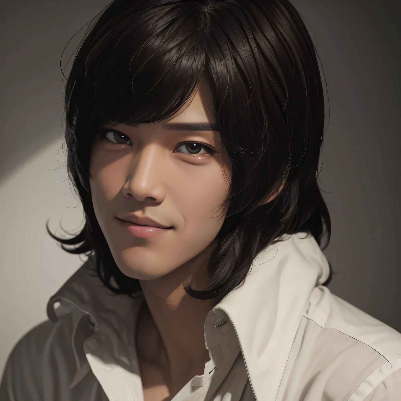 photorealistic, Ultra-detailed, best quality, masterpiece, 1boy, solo, realistic, looking at viewer, black eyes, parted lips, portrait, shirt, lips, black hair, male focus, brown hair, evil smile,