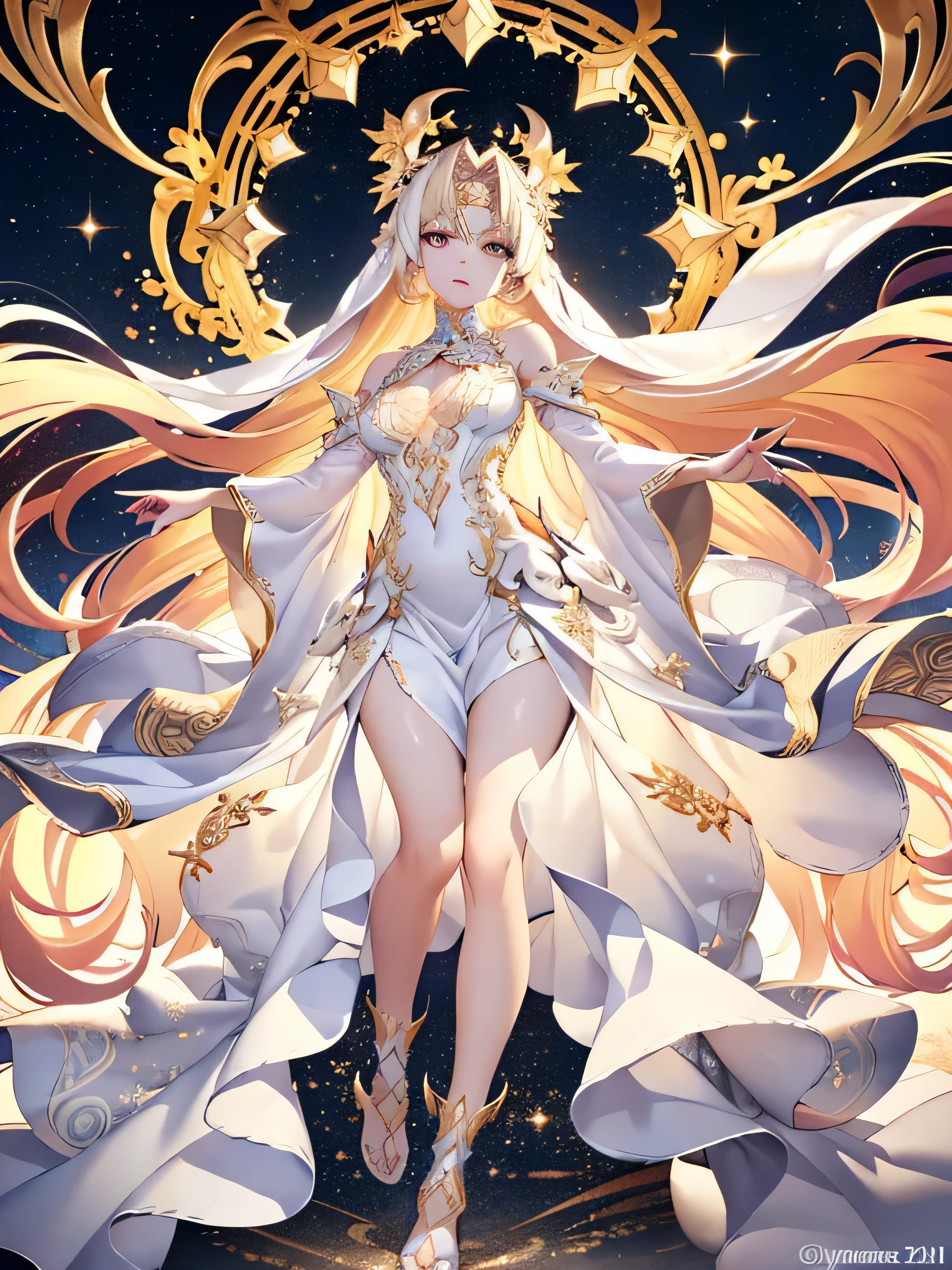 A divine beauty with long platinum-blonde hair that radiates wisdom, glowing golden eyes, and porcelain-smooth skin. Her graceful figure is accentuated by a white silk dress, intricately patterned with yin yang symbols. A translucent cloak adorned with celestial star motifs envelops her, while golden sandals gracefully cover her feet. In her hands, she holds a golden scepter and a silver necklace featuring a celestial gem, adding to her celestial and majestic appearance. (Divine Beauty, Long Blonde Hair, Golden Eyes, Porcelain Skin, White Silk Dress with Yin Yang