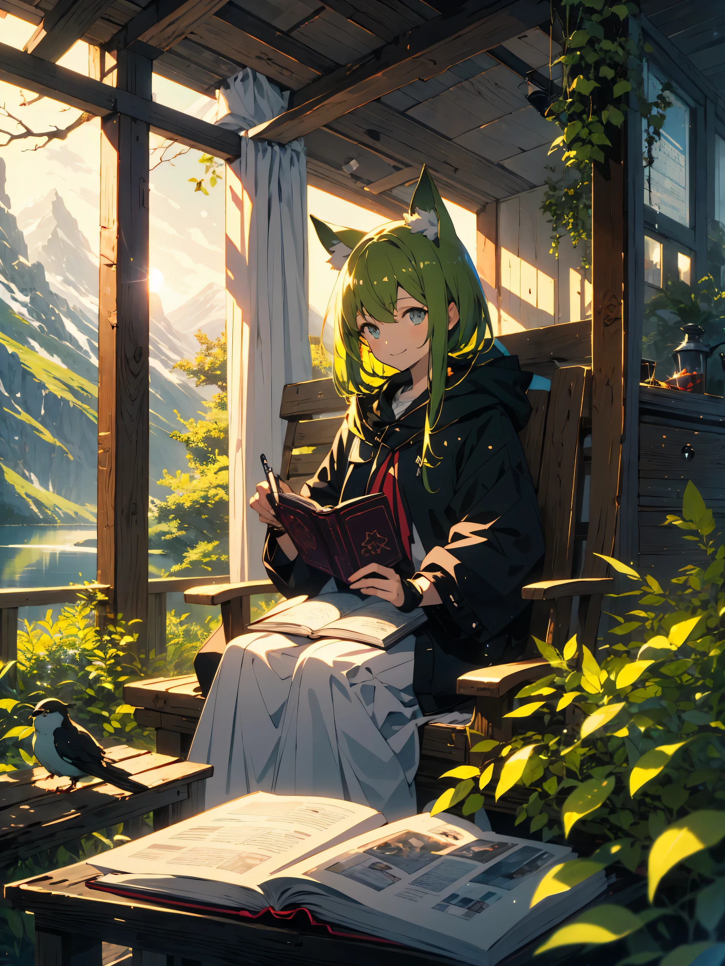 masterpiece, highest quality,(Shining eyes、detailed beautiful face)、(1 girl), sitting, animal, animal ears, bird, black_hair, Book, Bookmark, branch, gloves, Grass, green hair, holding, holding Book, hood, hood down, leaf, looking at the viewer, multicolored hair, open_Book, partially fingerless gloves, pen, plant, Pouch, Quill, read, sitting, smile, alone, tail, wood, wood stump,, null, sun, Mountain, forest, lake、(highest quality、masterpiece、High resolution、detailed)、(beautiful anime)