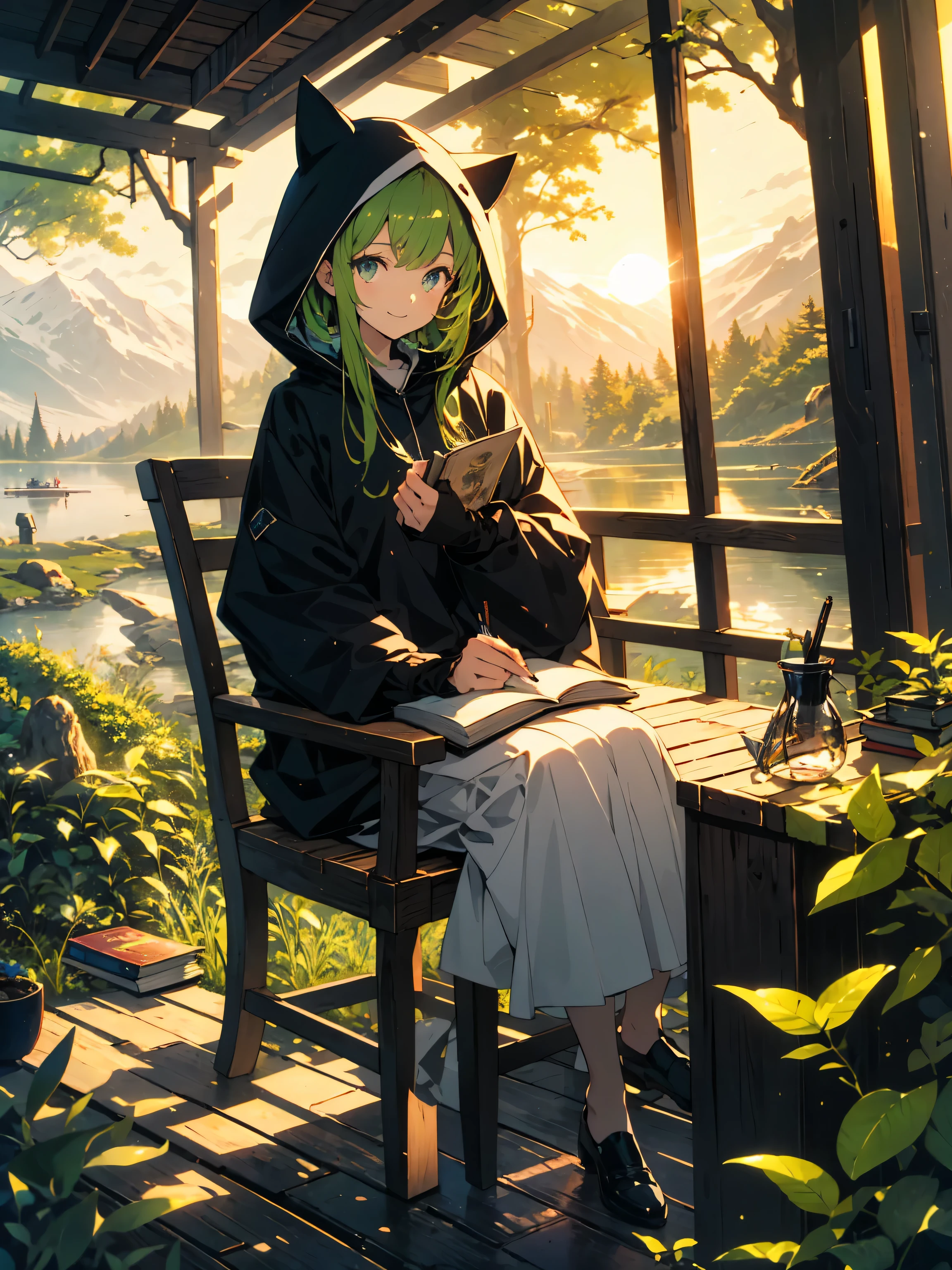 masterpiece, highest quality,(Shining eyes、detailed beautiful face)、(1 girl), sitting, animal, animal ears, bird, black_hair, Book, Bookmark, branch, gloves, Grass, green hair, holding, holding Book, hood, hood down, leaf, looking at the viewer, multicolored hair, open_Book, partially fingerless gloves, pen, plant, Pouch, Quill, read, sitting, smile, alone, tail, wood, wood stump,, null, sun, Mountain, forest, lake、(highest quality、masterpiece、High resolution、detailed)、(beautiful anime)