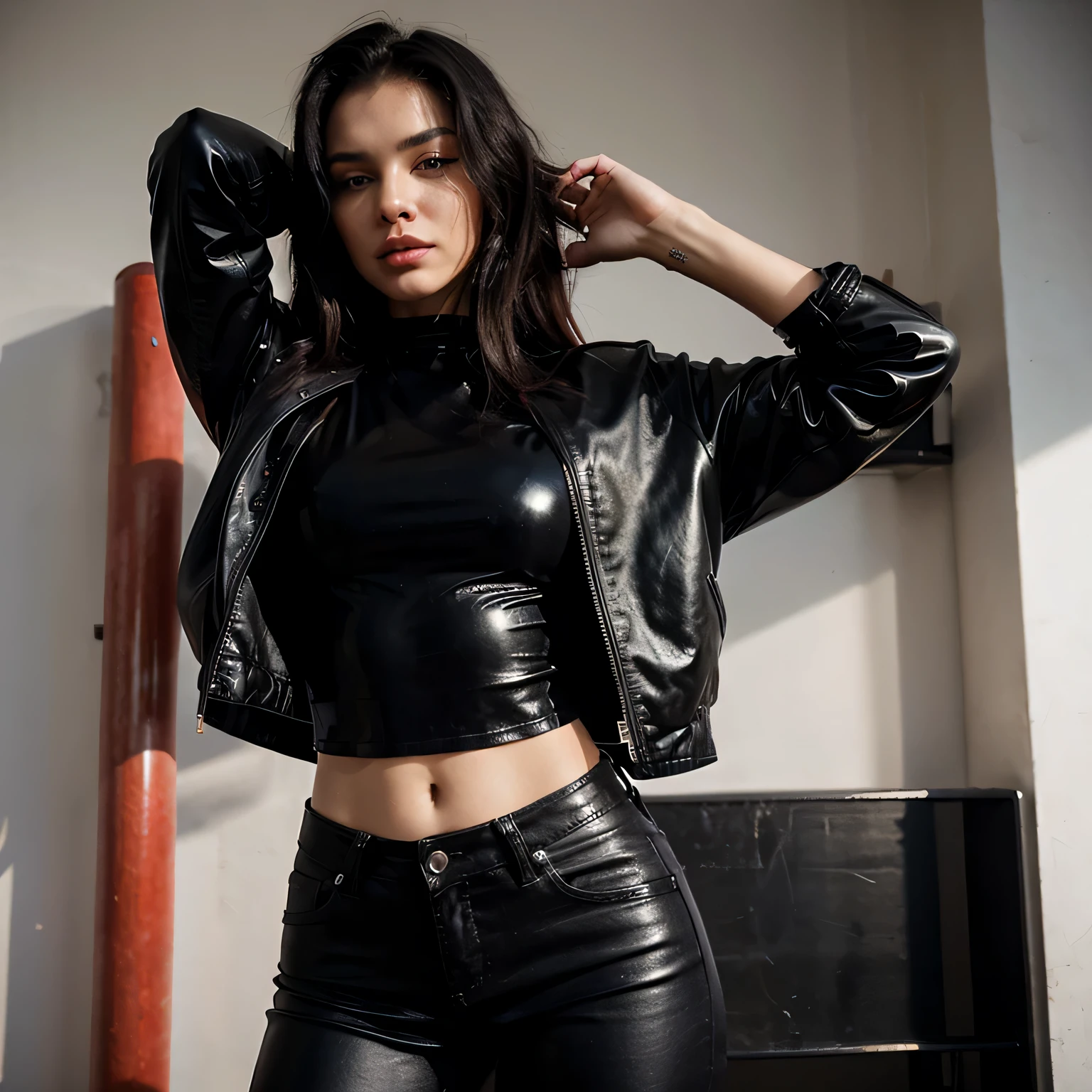 Dream, a stunning 19-year-old model with striking red and black hair, is elegantly dressed in a sleek black leather jacket, high-waisted black jeans, and a bold red crop top. Her outfit exudes confidence and style, making her stand out in any crowd.