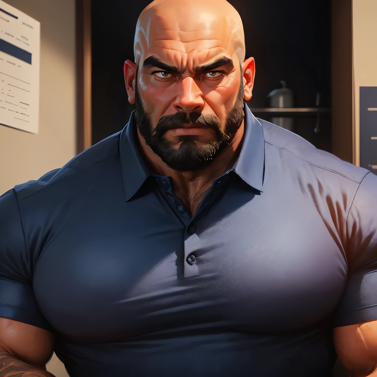 an exaggeratedly muscular and large bald bodyguard, beefy build, old age, beard, mixed race, (wearing dark blue collared work shirt: 1.2), name tag, (bara pecs: 1.3), (arm and chest hair: 1.1), close-up portrait HD, janitor's closet