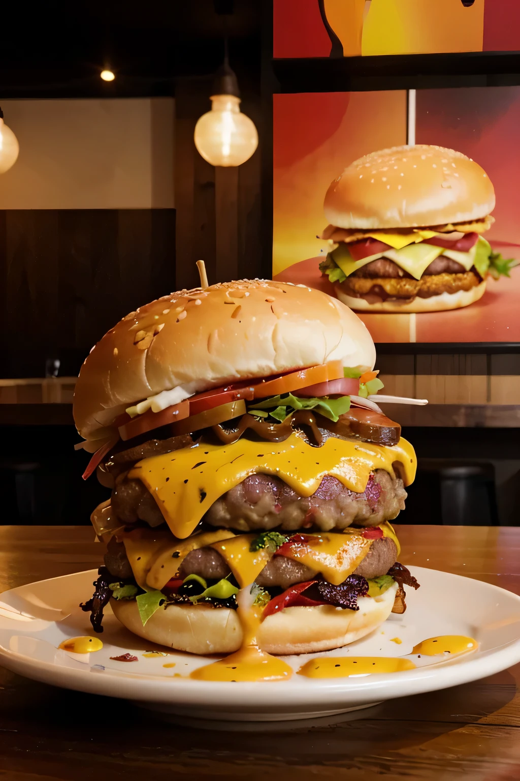 real life image, a hamburger with an explosion of flavors, and a background of a minimalist restaurant maintaining the balance between colors and the quality and organization of the hamburgers and with bright red tones