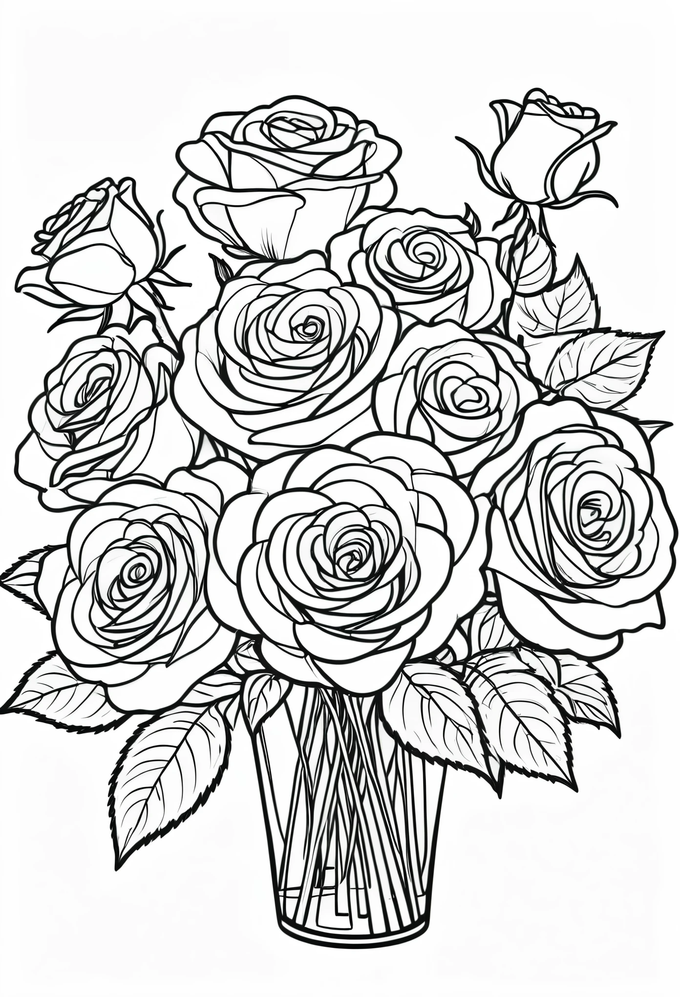 Line drawing, Pixar style, coloring page, black and white, With multiple roses in one bouquet , ColoringBookAF,blank white background, ColoringBookRedmond-ColoringBook