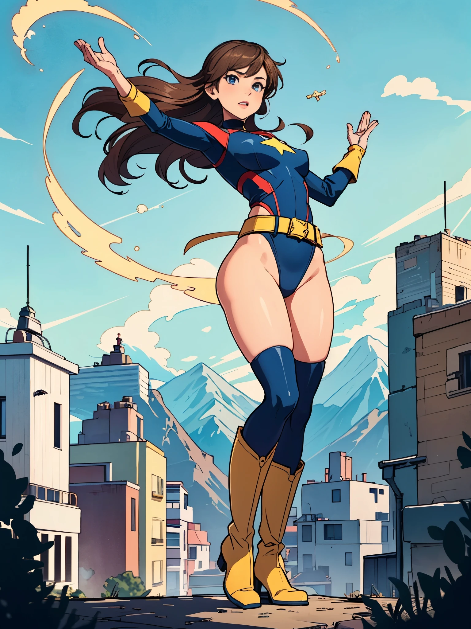 masterpiece, best quality, 1girl, medium breasts, leotard, red and blue leotard, bare legs, (fastened tight gold belt), boots, matching boots, gloves, matching gloves, city backdrop, solo, single, full body shot, superhero, beautiful detailed eyes, mature lady, star symbol on chest, brown hair, high leg leotard, (spins fast in place like a tornado), rapid gyration, (twirling), raised arms, standing straight, perfect hands, (((spiral lines)))