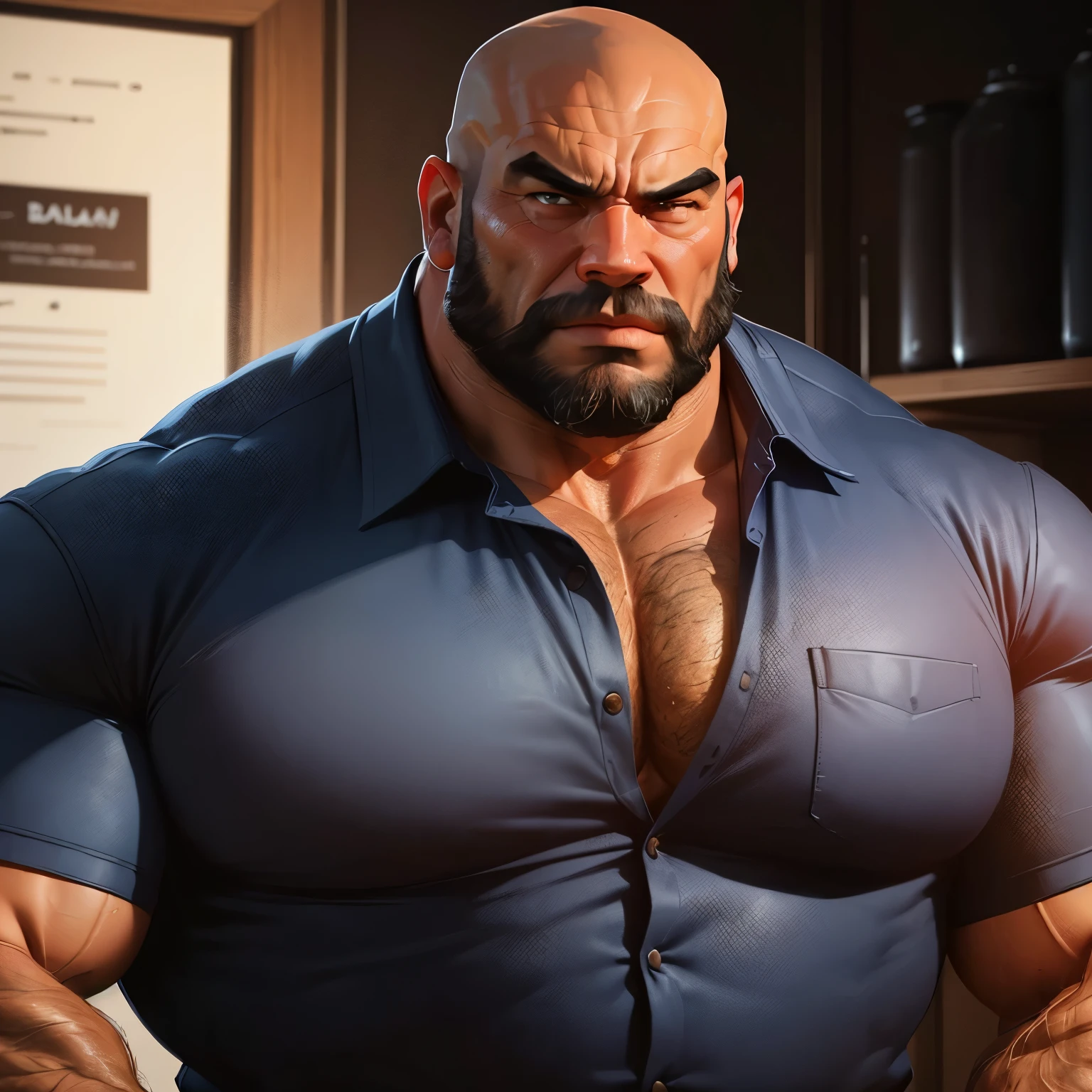 an exaggeratedly muscular and large bald bodyguard, beefy build, old age, beard, mixed race, (wearing dark blue buttoned work shirt: 1.2), name tag, (bara pecs: 1.3), (arm and chest hair: 1.1), close-up portrait HD, janitor's broom closet