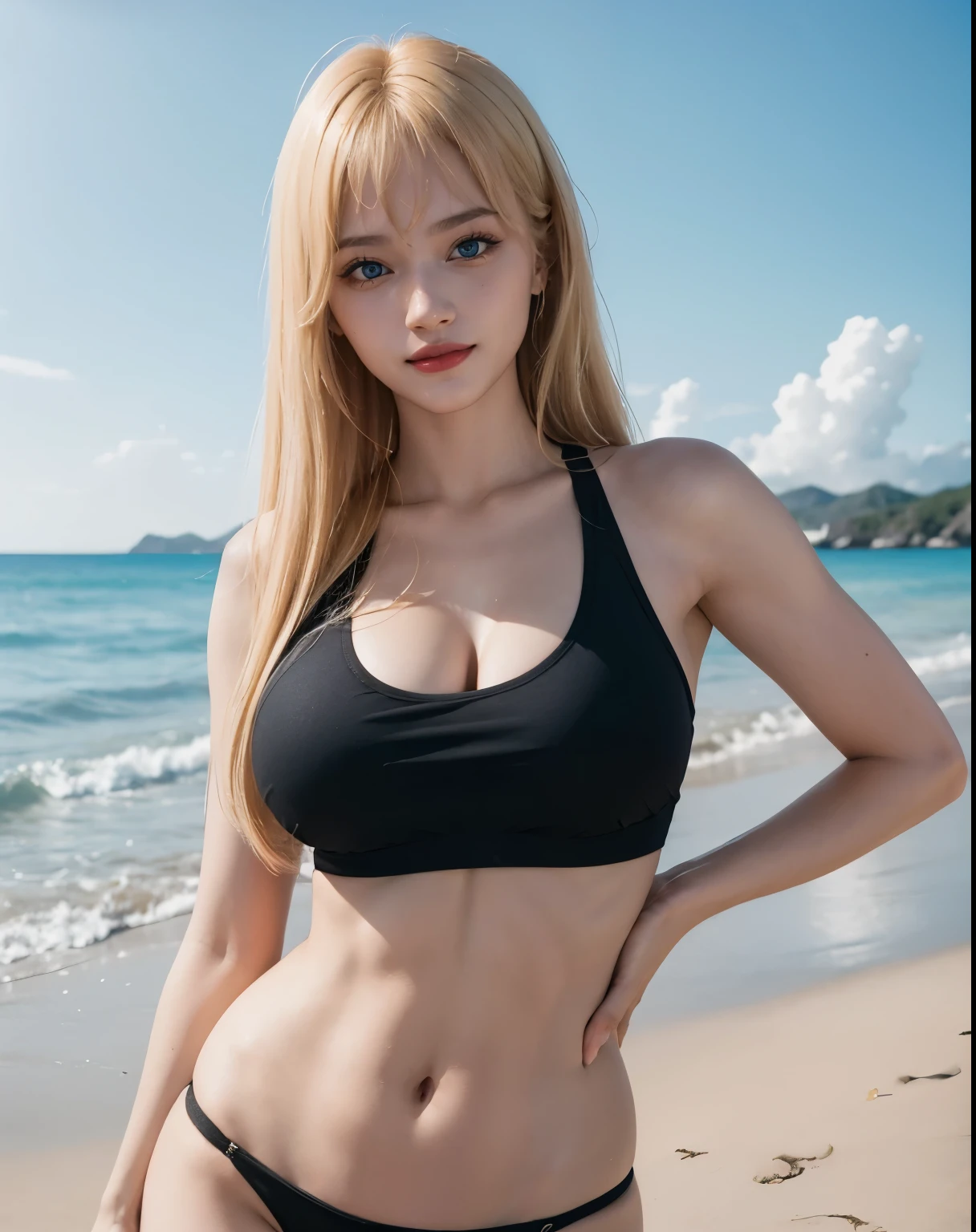 1girl, (Blue Eyes), (smiling :1.2), (Sana Minatozaki), (beautiful makeup :1.2), wide hips, Big tits, big ass, (Best Quality, 8k, Masterpiece: 1.3), Clear Focus: 1.2, Perfect Body Beauty: 1.4, strong abs, Highly detailed face and skin texture, detailed eyes, double eyelids, red lips, (blond long hair whit bangs :1.2), (black tanktop), (black thong), standing, dynamic pose, in a beach sea in the background, blurred background