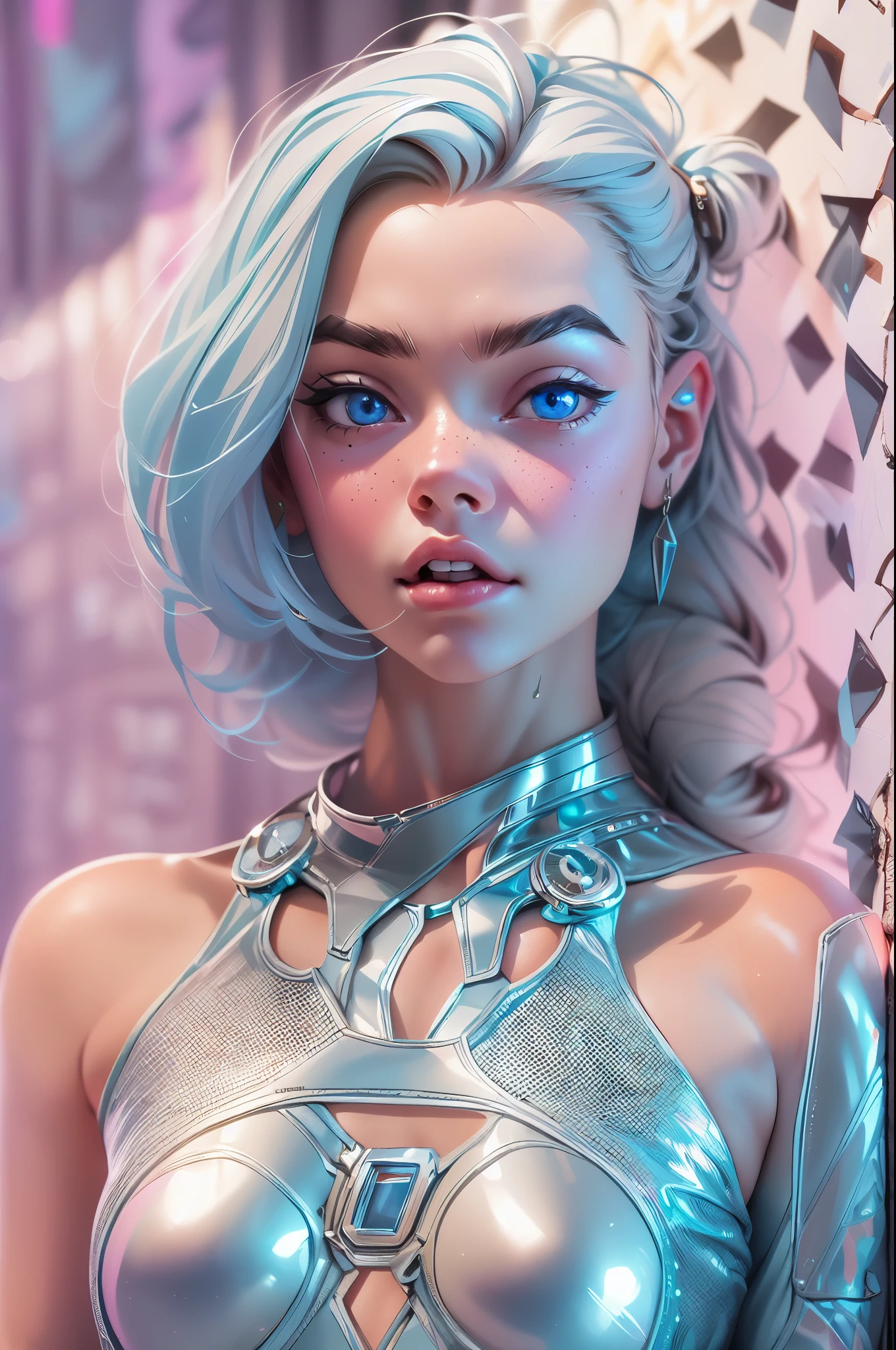 Superhero Girl ("Elle Fanning"), (slender body:1.3), emitting, sparkling, neon, (Correct anatomy:1.4), Revealing bikini. A very beautiful, well-groomed girl, with clear skin, beautiful lips, and a slight smile on her face. Beautiful figure, modern clothes, cool modern couture dress. Sexy. Presentation background, neutral gray-blue, in virtual space. Top quality, 16k. Full HD, Cinematic rendering. Create a piece of art that captures Michela's unique beauty..., Famous Digital Influencer. Focus on her unique facial expression as she looks straight into the camera, trying to capture the intensity of her piercing blue eyes. Accurately capture her signature style with a Spanish-style hairstyle styled in two carefully crafted chignons. Add details that reflect her charming and avant-garde personality. We made sure to convey the aura of modernity and originality that characterizes Lil Miquela in the digital world. Some freckles and nevi, long hair, braided hair.