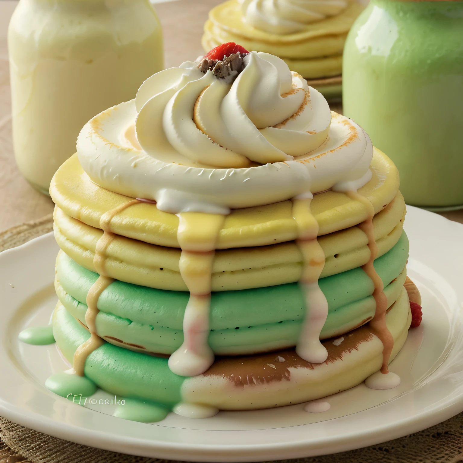 Crear una imagen de crepes dulces rellenos de crema Chantilly de color rojo , verde , yellow and brown 