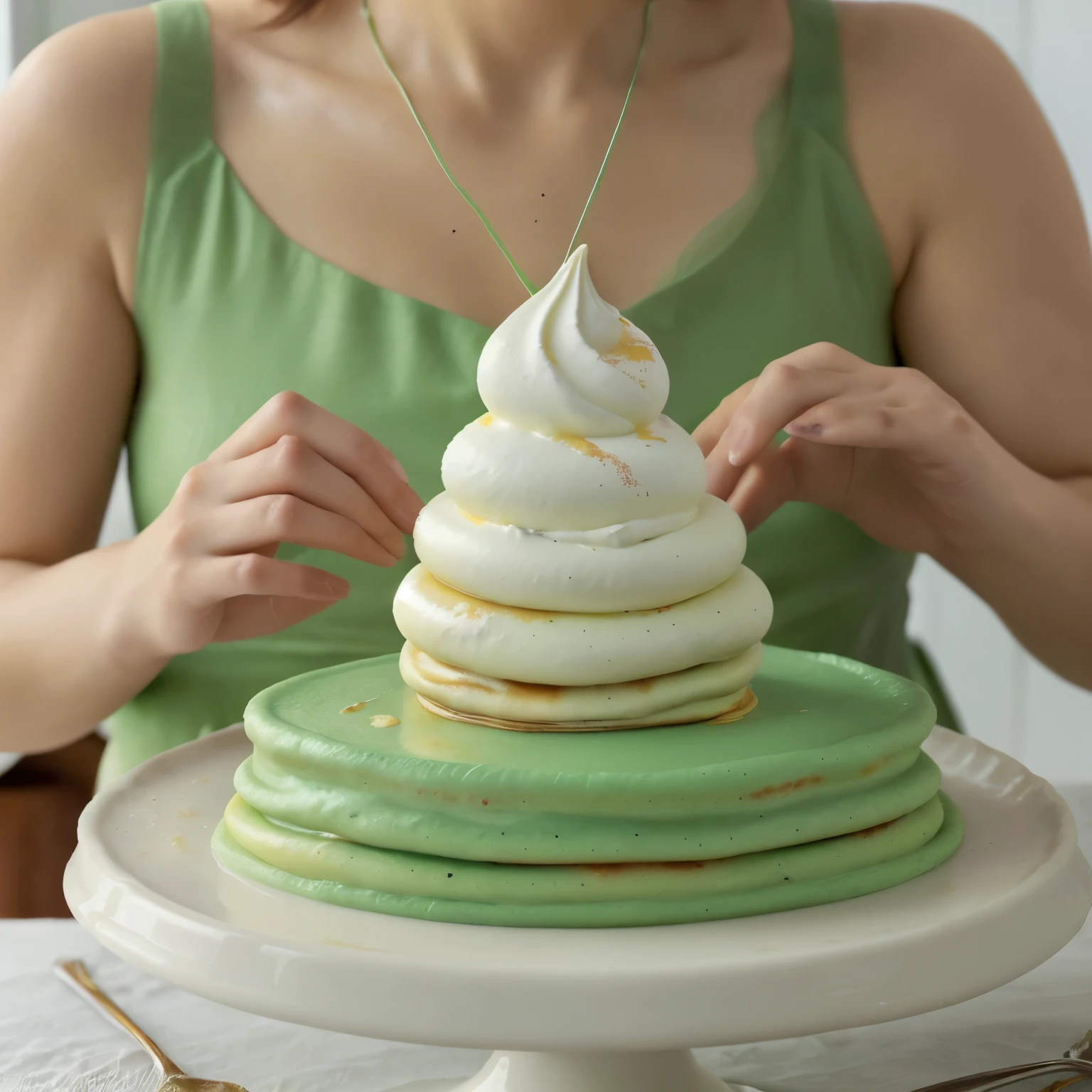 Crear una imagen de crepes dulces rellenos de crema Chantilly de color rojo , verde , yellow and brown