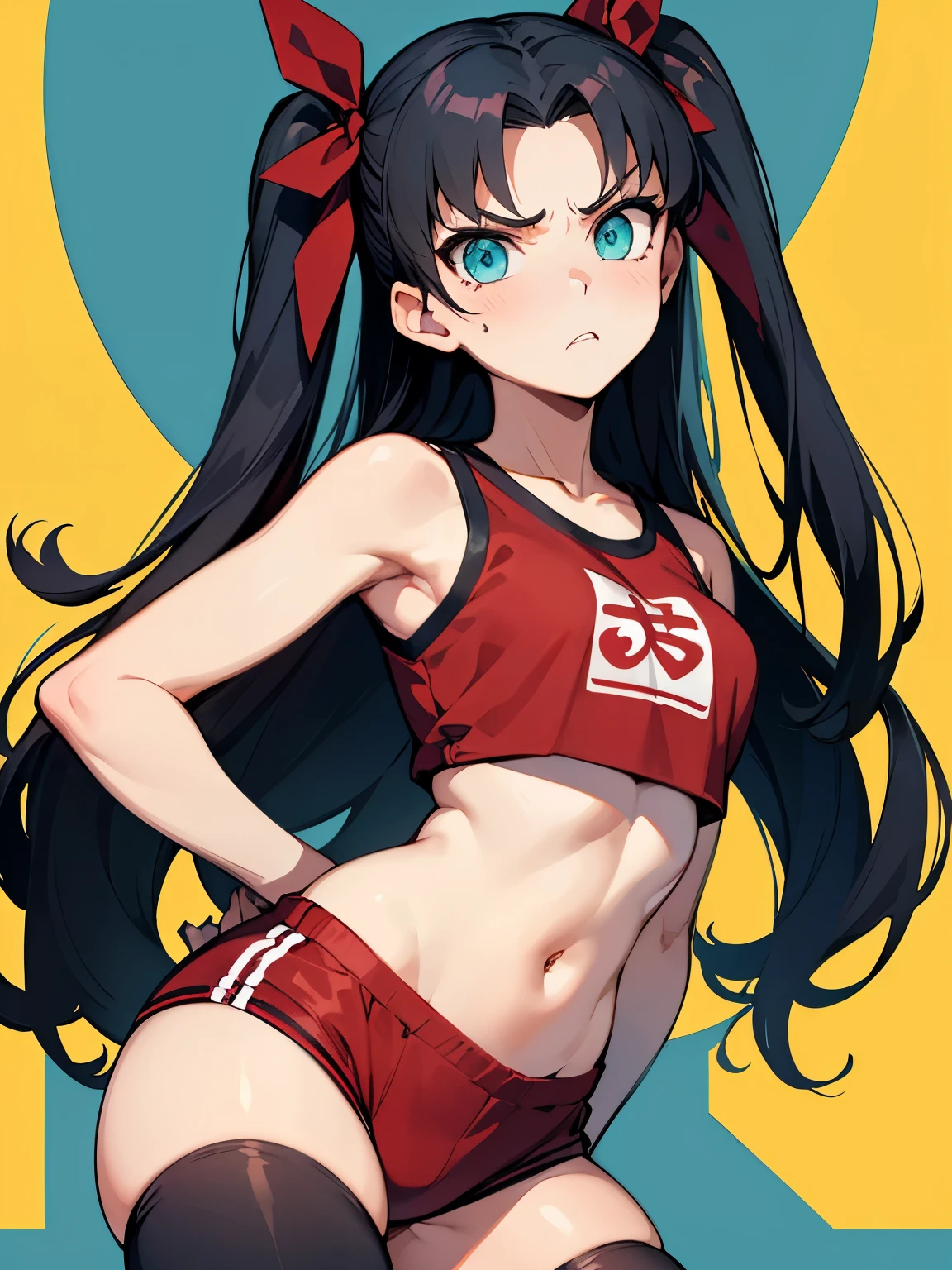 (masterpiece), best quality, expressive eyes, perfect face, rintohsaka, rin tohsaka, aqua eyes, black hair, hair ribbon, long hair, ribbon, sidelocks, two side up, yellow gym clothes, gym background, nsfw, black thighhighs, crop top, shorts, angry expresion