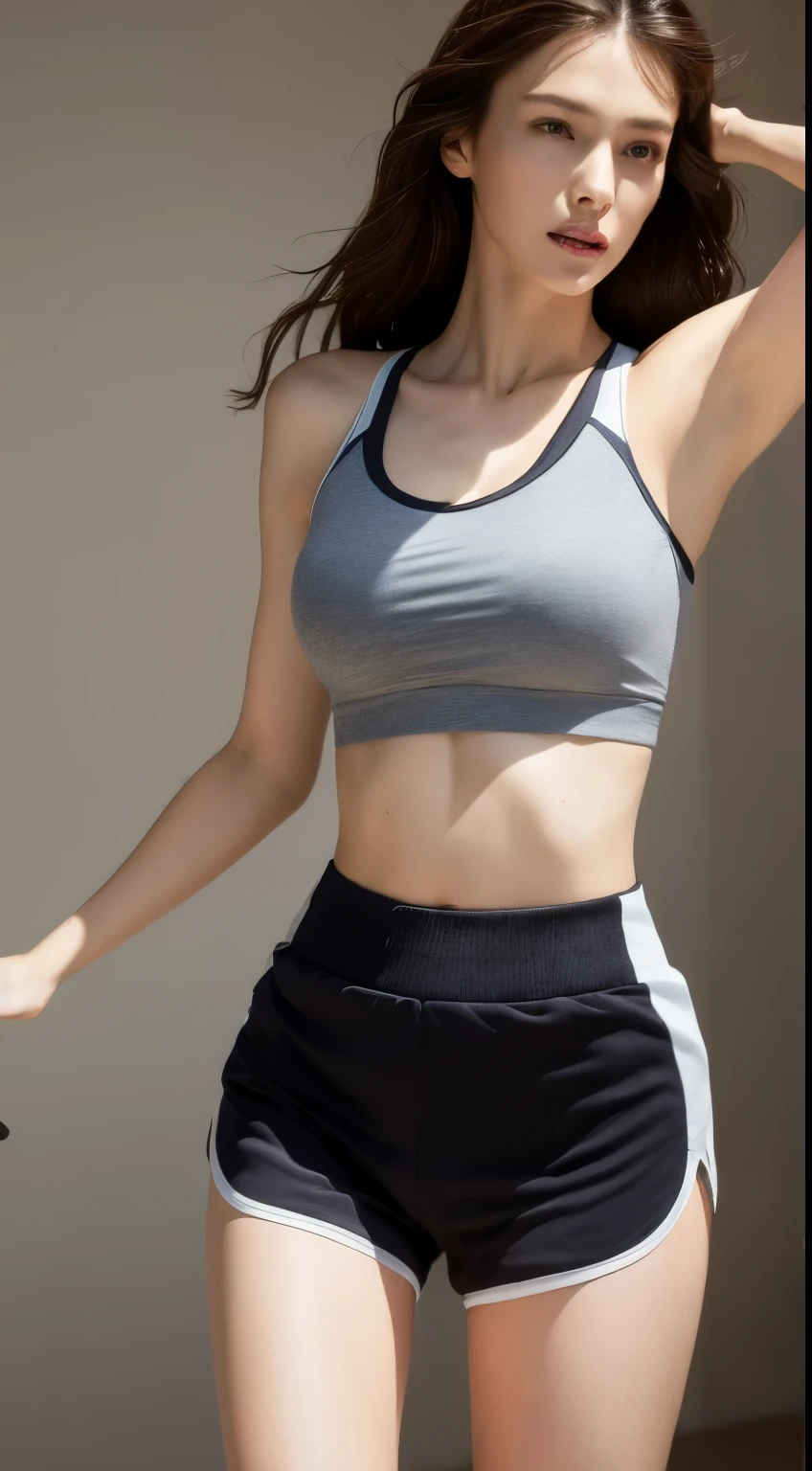 (Best Quality, High Resolution, Masterpiece: 1.3), A tall and beautiful woman, slender abs, dark brown hair, loose wavy shape, breasts, sports bra and sport shorts, morning, in sweat after jogging on a road, with less vehicles, details of face and skin texture beautifully presented, detailed eyes, double eyelids