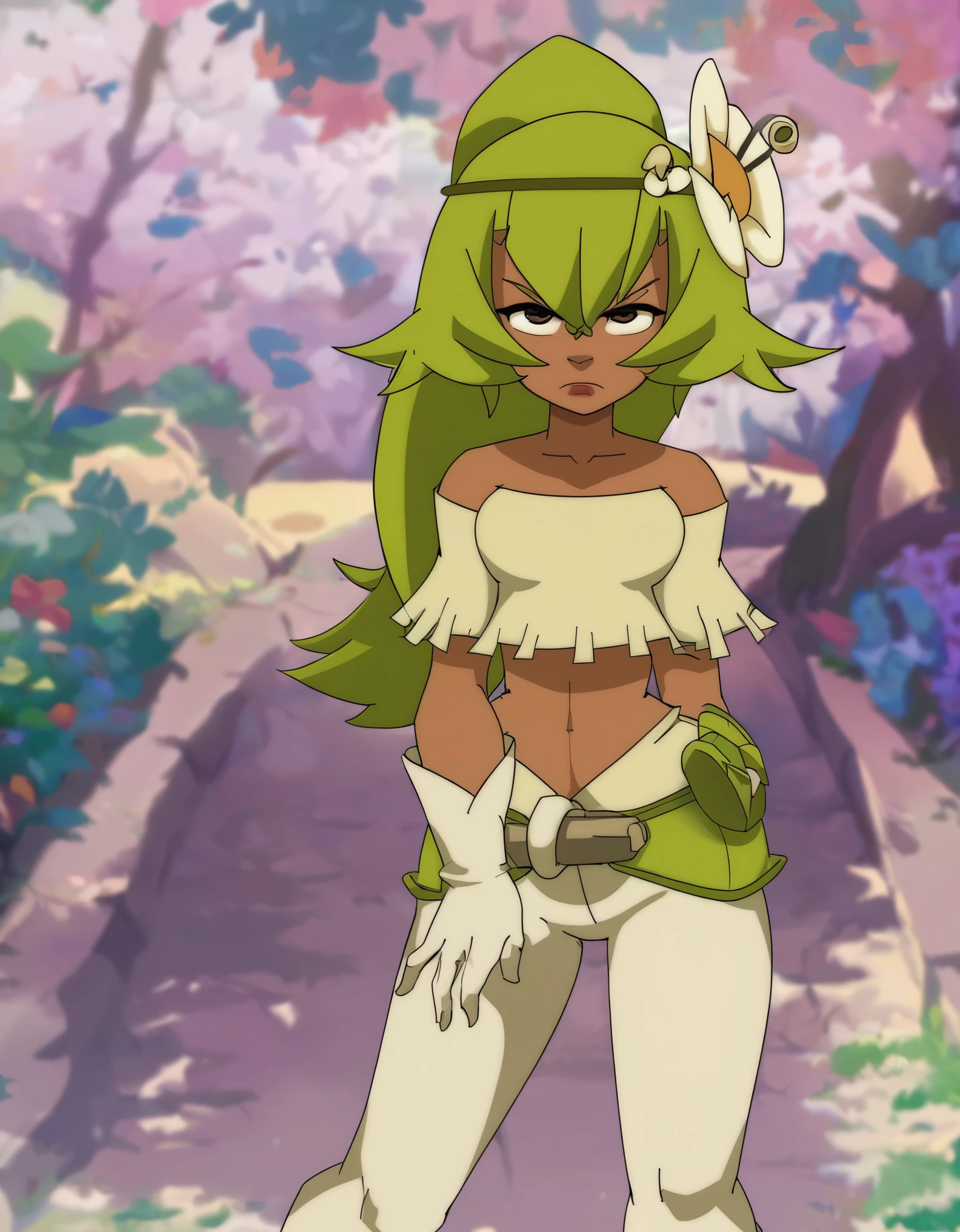 score_9, score_8_up, score_7_up, score_6_up, BREAK, source_cartoon, source_anime, 1girl, amalia, ((ultra quality)), ((masterpiece)), Amalia Sheran Sharm, Wakfu style, ((medium long green hair tied in a ponytail, has bangs)), (Beautiful face), (beautiful female lips), (), charming, ((sexy facial expression)), looks at the camera, eyes slightly open, (skin color white), (White skin), glare on the body, ((detailed beautiful female eyes)), ((dark brown eyes)), (juicy female lips), (dark eyeliner), (beautiful female hands), ((ideal female figure)), ideal female body, beautiful waist, gorgeous thighs, beautiful medium breasts, ((subtle and beautiful)), sexy worth (), (green clothes Amalia Sheran Sharm - wakfu season 3, White pants, long white gloves with open palms, Yellow top) background: the forest, ((depth of field)), ((high quality clear image)), (clear details), ((high detail)), realistically, professional photo session, ((Clear Focus)), anime