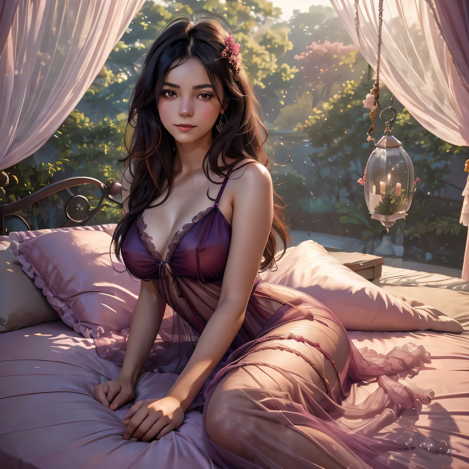 1girl,(bright lighting,romantic setting),dreamy background,,dark hair, mesmerizing gaze, , soft skin, alluring beauty, artistic portrait, high-quality image, vibrant colors,translucent long silk gown, mosquito net, romantic bedroom, sidesuspension,solobound,lying down