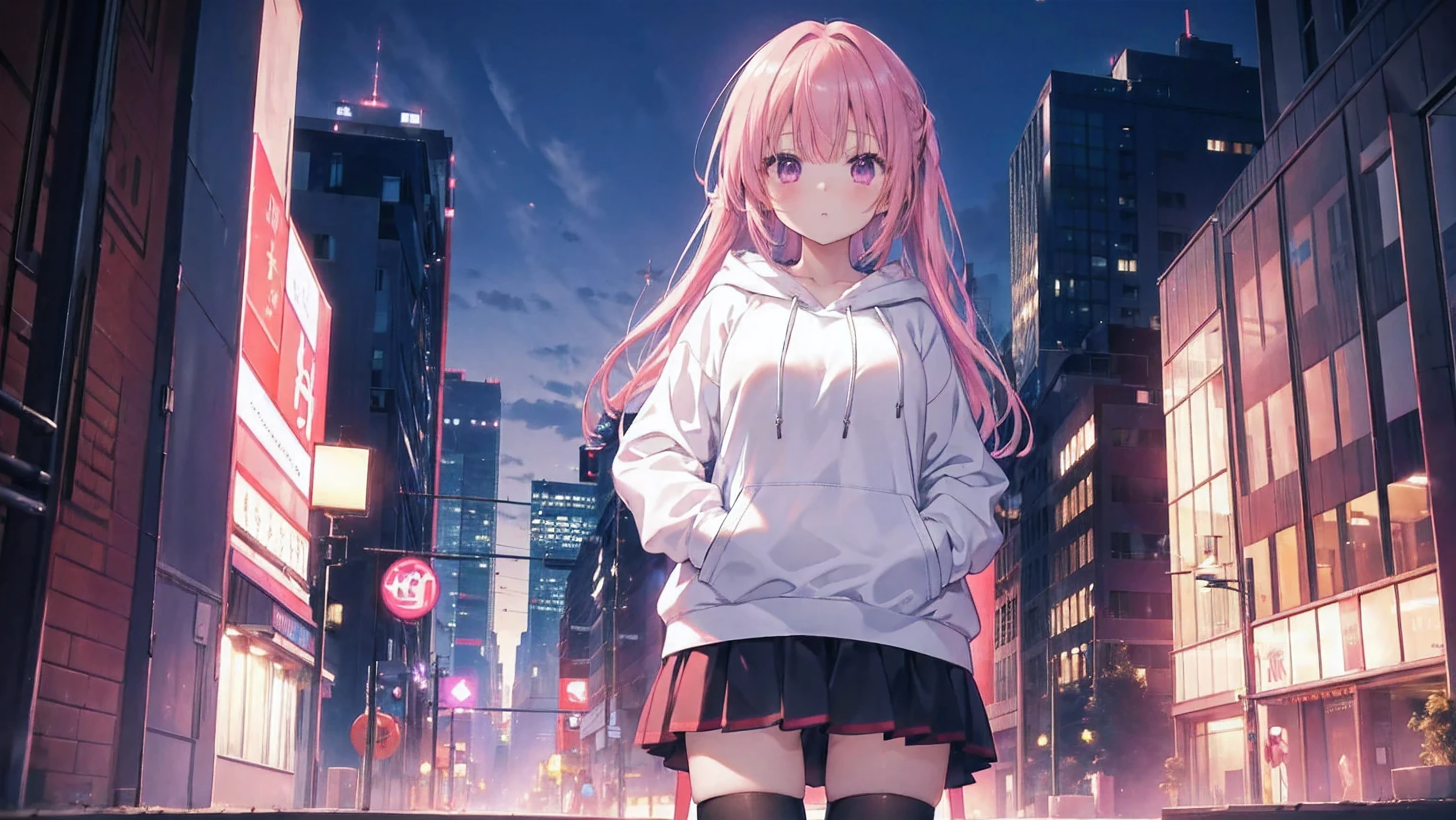 (8K、Top image quality、top-quality、​masterpiece)、1 girl、mitsukasa ayase、pink hair、Moderately breasts、black stockings，(white hoodie)、hands in the pocket、cowboy  shot、is standing、Taken from below、Downtown background