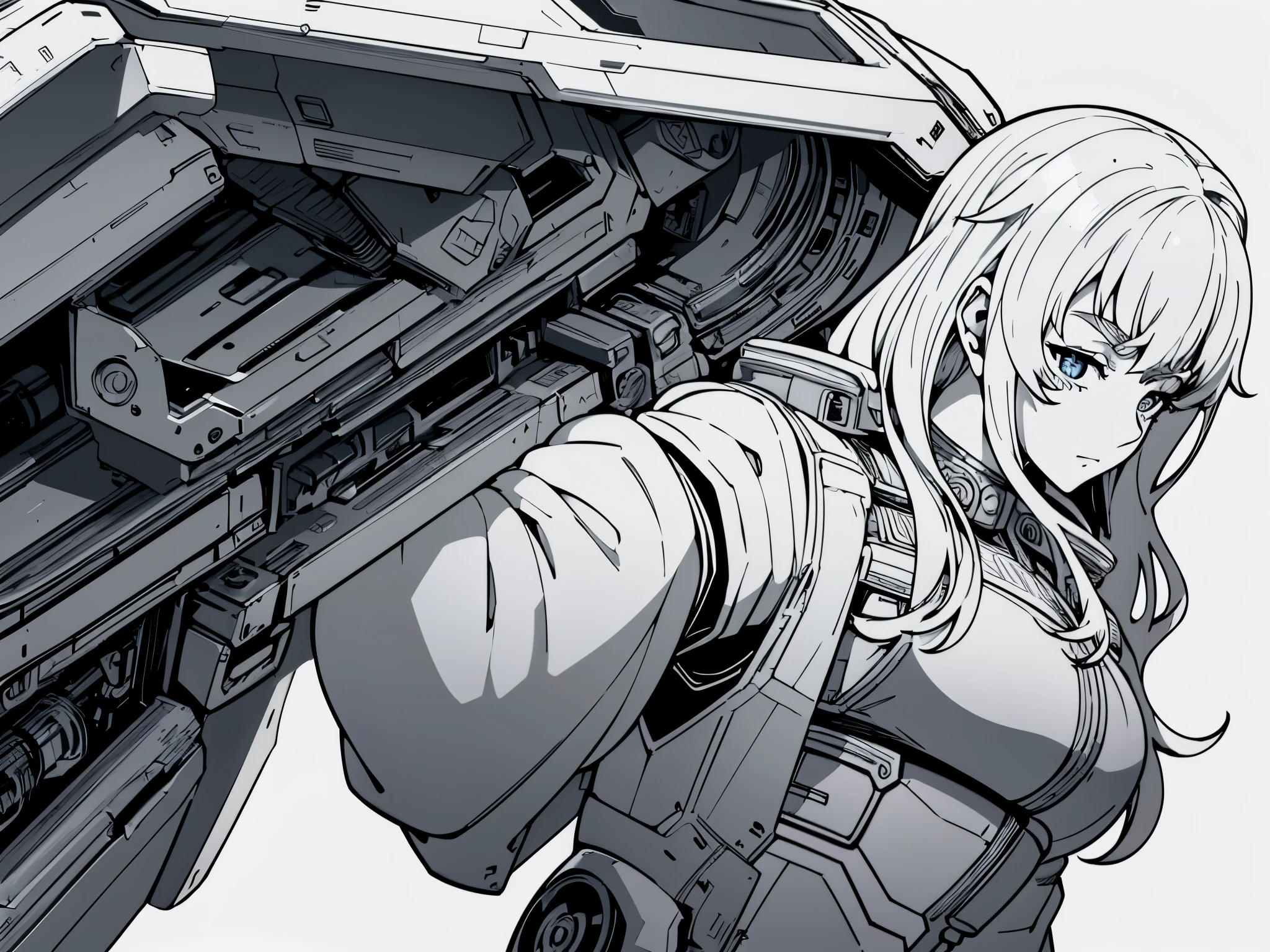 Create ((adult coloring book pages)), (in an Anime Style),Epic Detail, Variable Line art, Clean line art, HD 4k, Black and white, No color, (White Background: 1.3) (sexy female engineer) Working on a Mech suit, looking over her shoulder at the viewer