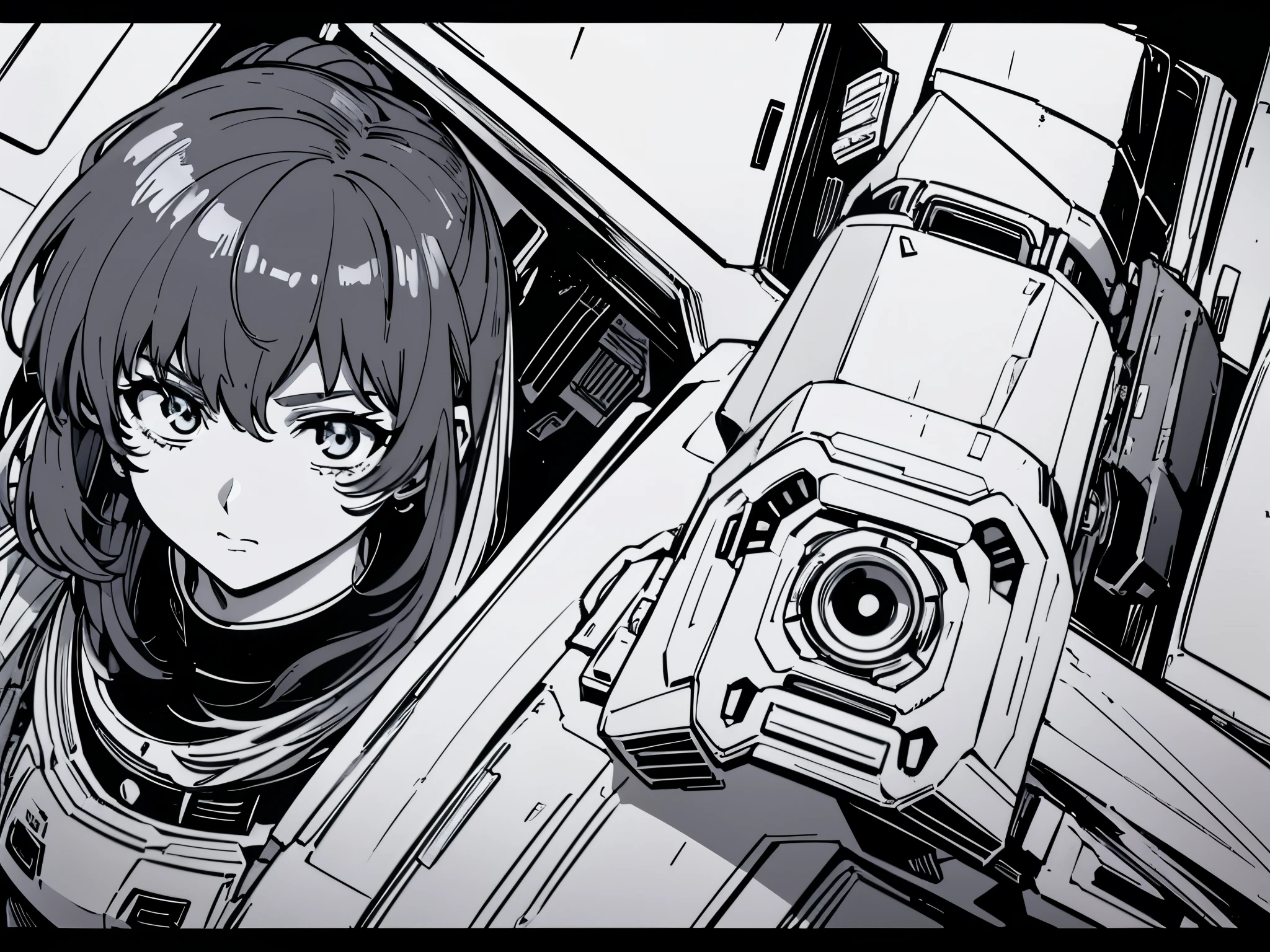 Create ((adult coloring book pages)), (in an Anime Style),Epic Detail, Variable Line art, Clean line art, HD 4k, Black and white, No color, (White Background: 1.3) (sexy female engineer) Working on a Mech suit, looking over her shoulder at the viewer