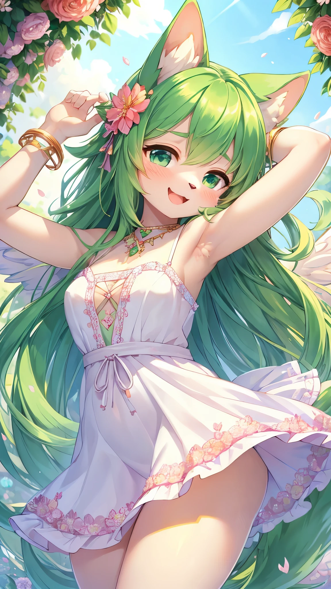 beat quality,best resolution,(fluffy anthro furry :1.3),solo,cat girl,green long hair,wavy hair,curvy hair,green cat ears,green cat tail,shiny skin,floral hair ornament,floral body ornaments,floral bracelet,floral legs bracelet,white dress with floral embroidered,see through,white angle wings,magical floral forrest,flower petals in the air,sparkling crystal flower floating around girl,neautiful light,light and shadow,panoramic view,looking at viewer,full face blush,shy face,smile,open mouth,stand,armpits,shiny armpits