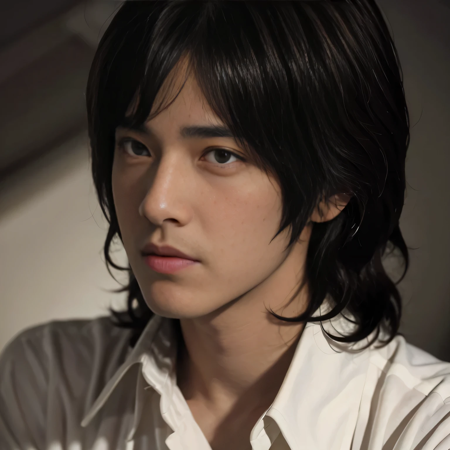 photorealistic, Ultra-detailed, best quality, masterpiece, 1boy, solo, realistic, looking at viewer, black eyes, parted lips, portrait, shirt, lips, black hair, male focus, brown hair,