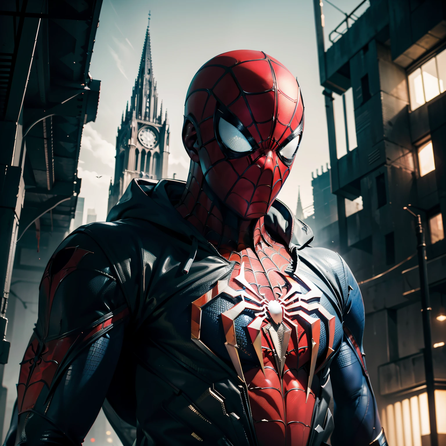 grim portrait of Marvel's Bloody Spider-Man with intricate angular cybernetic implants inside a brutalist building, brutalist gothic cathedral, Ciberpunk, foto premiada, Bokeh, luzes de neon, cyber member