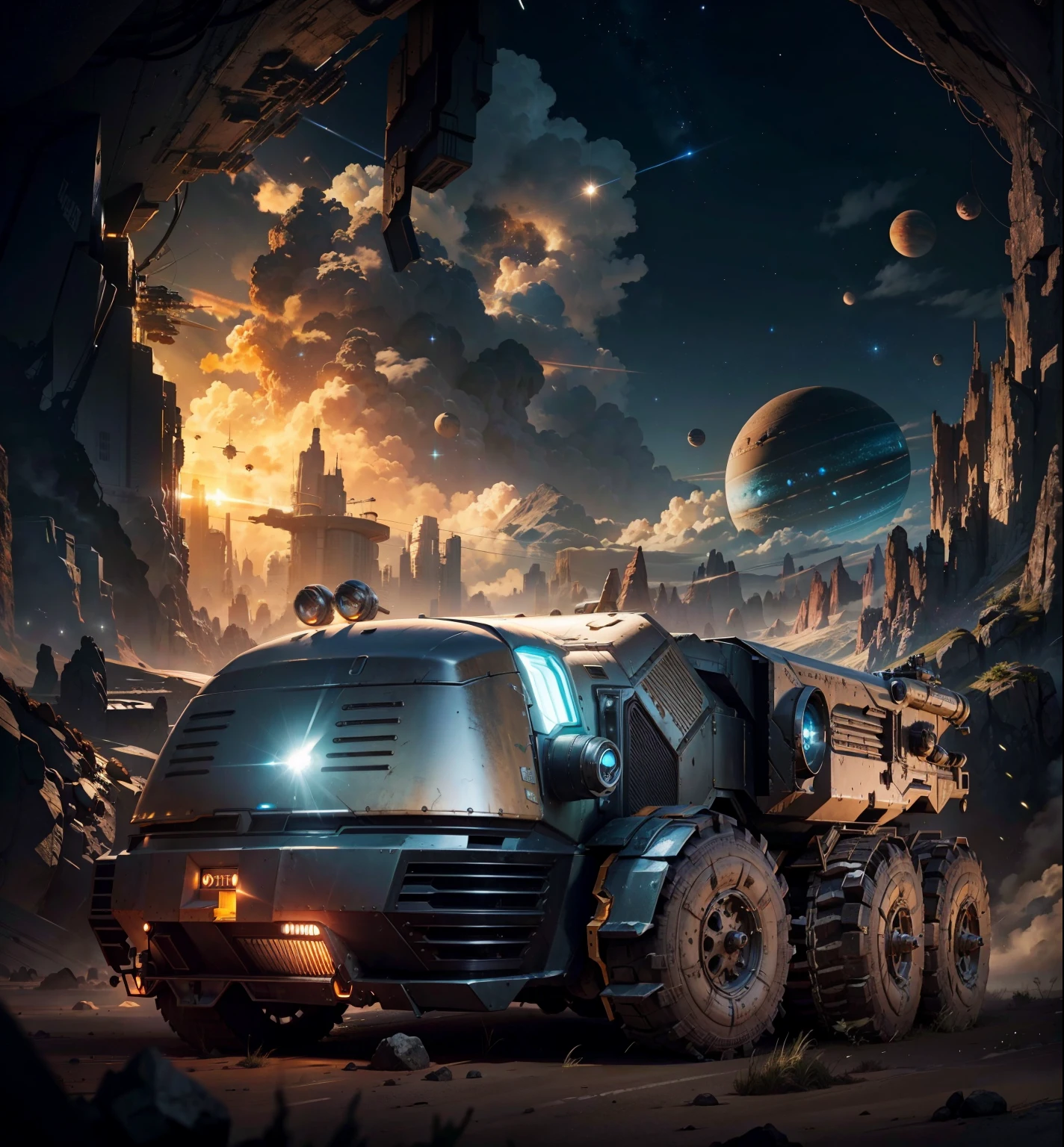 A super muscle armored sci fi truck in the foreground, behind are traces of an ancient advanced alien civilization and the planets and stars in the sky
