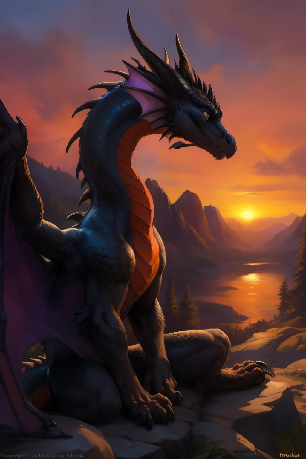 (ultra detailed), a breathtaking full size portrait of a fuzzy black dragon, s2, ((realistic texture, fluffy fur)), Playful expression, ((dragon wings, wide span, black feathers)), detailed eyes with glowing golden irises, ((ears, pointed, perked up, listening intently)), sitting on a rocky cliff, ((mountainous, forested, sunset, orange and purple hues)), intricate scales with iridescent sheen, long distinct tail curled beside the dragon, ((deep, intense gaze, looking into the distance)), kenket, Ross Tran,ruan jia, trending on artstation,foxovh, cen