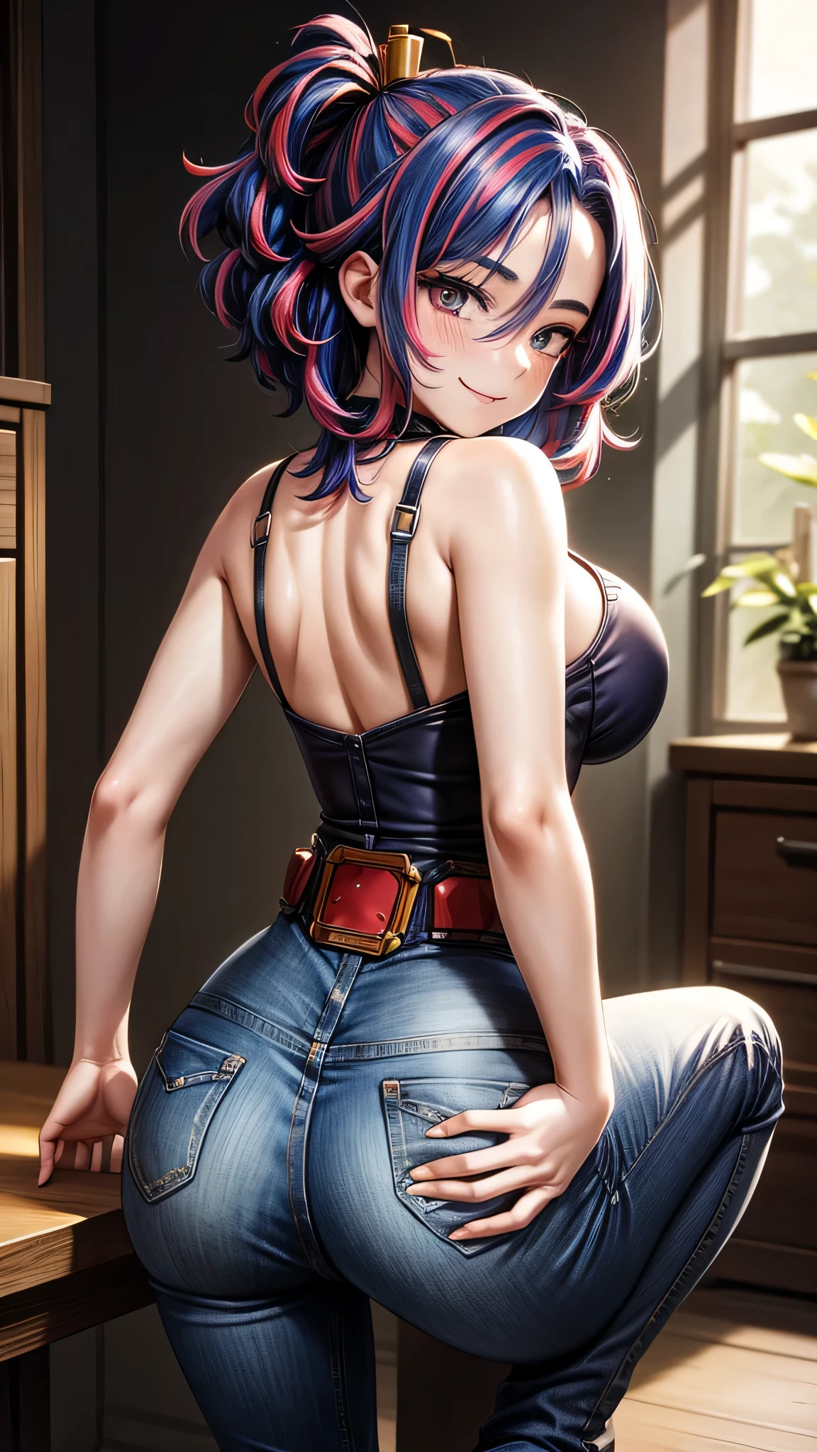 her sexy blue jeans are pulled to the side as this cartoon shows her butt as she bends over on her back, 1girl, solo, ass, long hair, hair ornament, pants, all fours, hairclip, red hair, looking at viewer, smile, breasts, , looking back, ,lady_nagant, large breasts, short hair, sleeveless, streaked hair, bare shoulders, medium hair, belt, dress, pink hair, boots