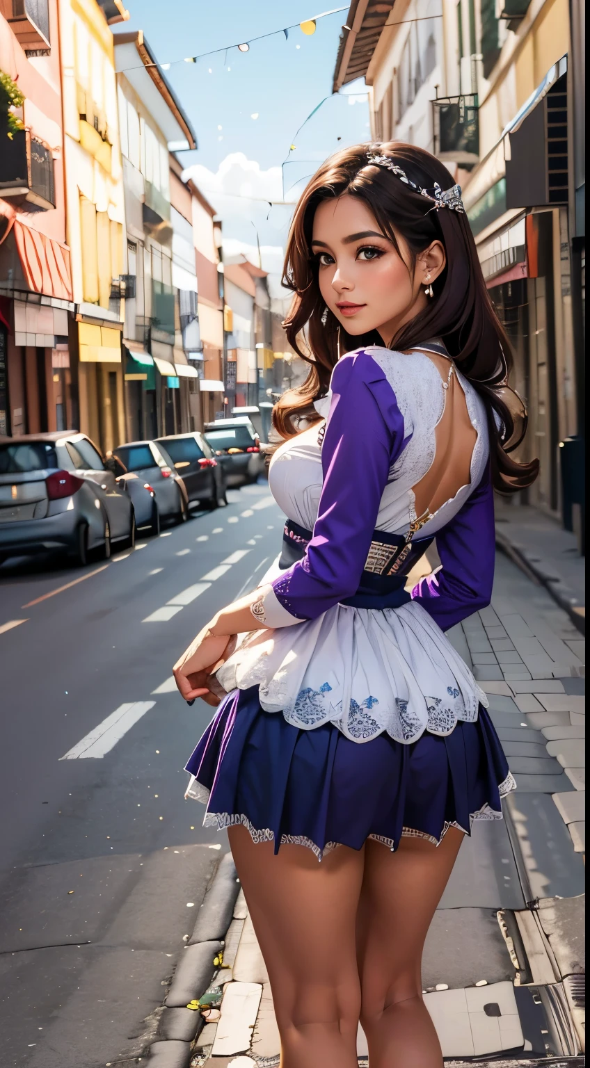 garota linda, seios grandes, bunda grande e linda, cintura fina, cabelo roxo, linda mini-saia, renda, with patterns, top lindo, anda pela rua, por visualizador, Muita gente ao redor, megalopolis