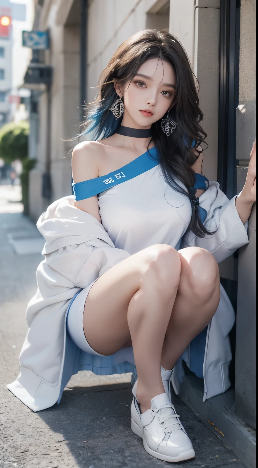 (street:1 girl with blue hair,get up,One word step+), masterpiece, best quality, original photo, realistically, Face, Incredibly ridiculous Resourcetra has long curly brown hair around her ears),eye shadow,technical clothing,(White off-the-shoulder over-the-knee dress),White off-shoulder long dress,(White tight flats,depth of field, high resolution, Super detailed, filigree, RAWE is very detailed, 眼睛和Face部的细节非常丰富, sharp pupils, realistic student, lock focus, Light,Full body female love,big deal,The legs look very long from the front,dynamic poses,normal posture,Face部特写