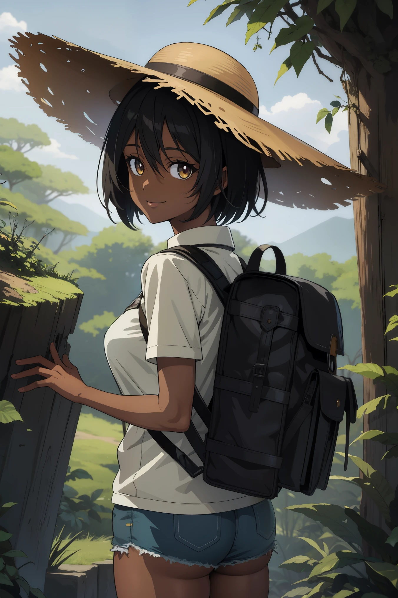 (masterpiece, best quality, anime style, hdr, cinematic:1.2), 1girl, looking at viewer, black skin, dark skinned, explorer, forest, surprised, smile, short hair, safari explorer, amber eyes, dynamic angle, jungle, Safari Hat, explorer's backpack