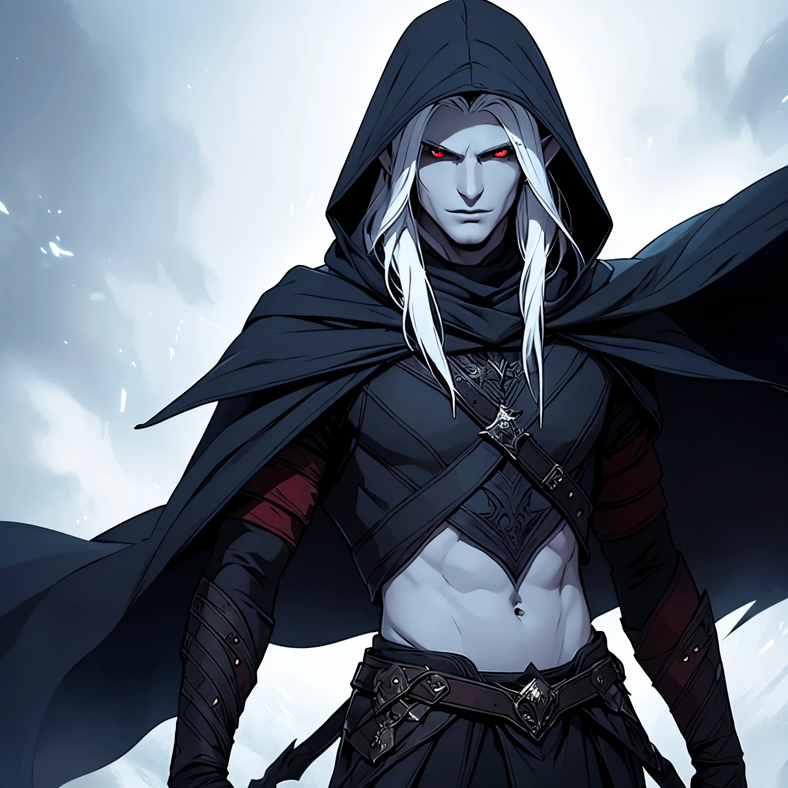 drow, male, pointy ears, solo, elf,Cropped waist shirt, hood, colored skin Obsidian, midriff, looking at viewer, long hair, cloak, dark elf, shoulder length white hair, cape, hooded cloak, belt, pouch, red eyes , Obsidian skin, red eyes, upper body,glowing eyes,lips, ((masterpiece, best quality))