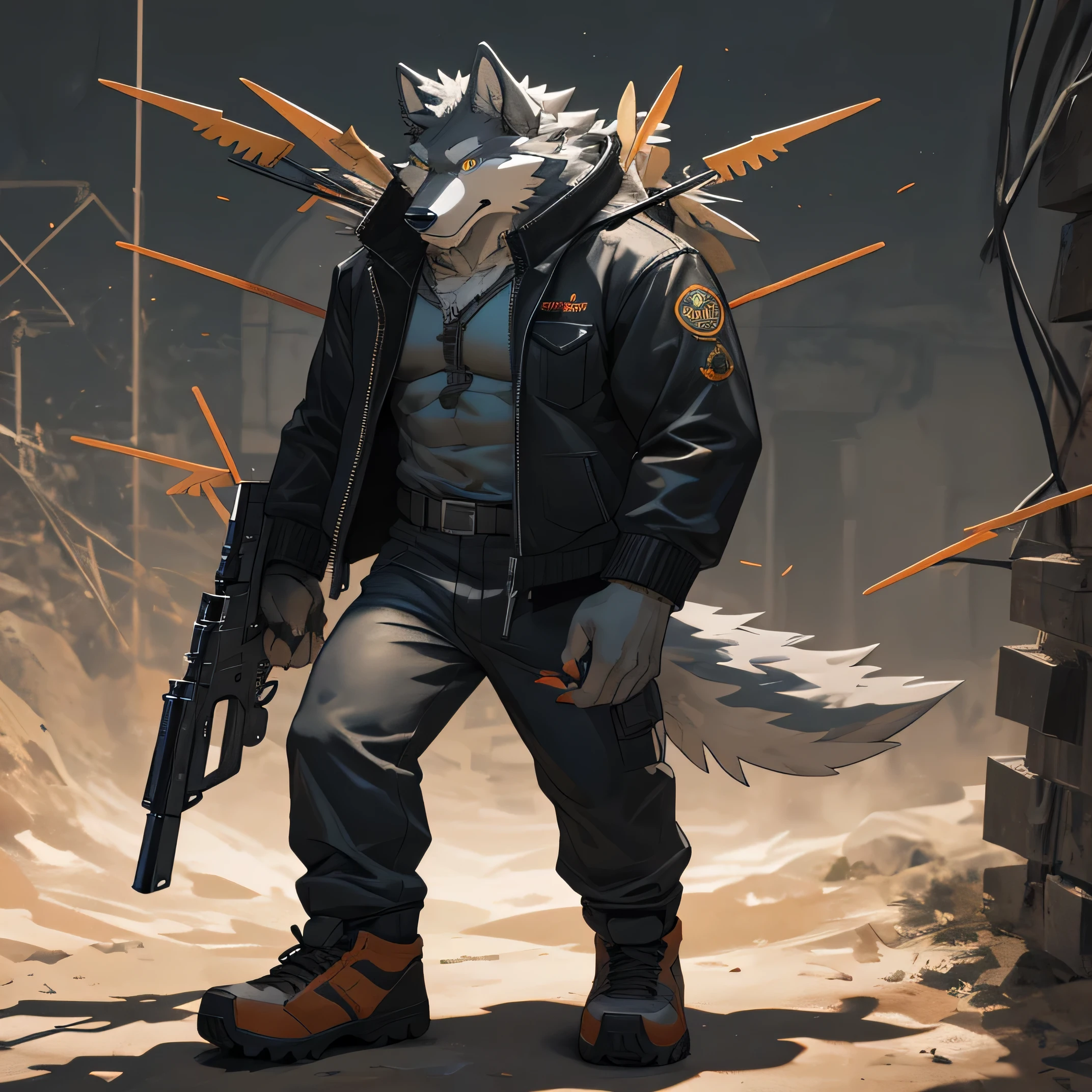 Muscular anthropomorphic wolf with gray fur, yellow eyes, he has two arrows in his arrows, he has a long black jacket, wide pants, black off-road shoes, and he carries a machine gun on his back, he has a big penis. 