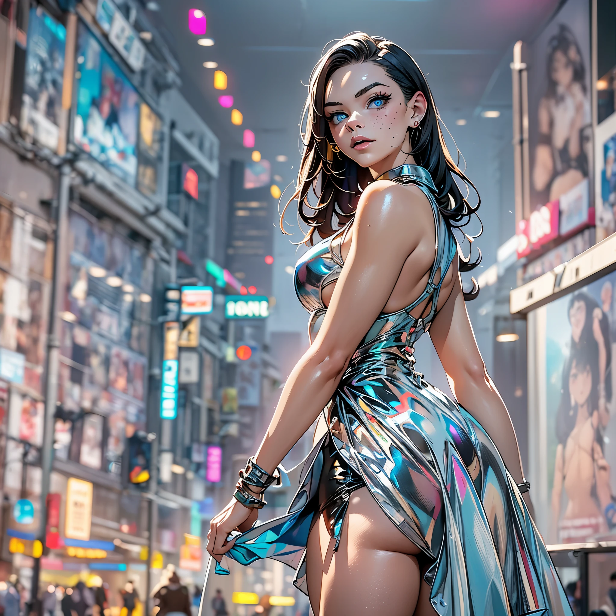 Superhero Girl ("Elle Fanning"), (slender body:1.3), emitting, sparkling, neon, (Correct ???????:1.4), Revealing ??????. A very beautiful, well-groomed girl, with clear skin, beautiful lips, and a slight smile on her face. Beautiful figure, modern clothes, cool modern couture dress. ????. Presentation background, neutral gray-blue, in virtual space. Top quality, 16k. Full HD, Cinematic rendering. Create a piece of art that captures baby Michela's unique beauty..., Famous Digital Influencer. Focus on her unique facial expression as she looks straight into the camera, trying to capture the intensity of her piercing blue eyes. Accurately capture her signature style with a Spanish-style hairstyle styled in two carefully crafted chignons. Add details that reflect her charming and avant-garde personality. We made sure to convey the aura of modernity and originality that characterizes Lil Miquela in the digital world. Some freckles and nevi, long hair, braided hair.