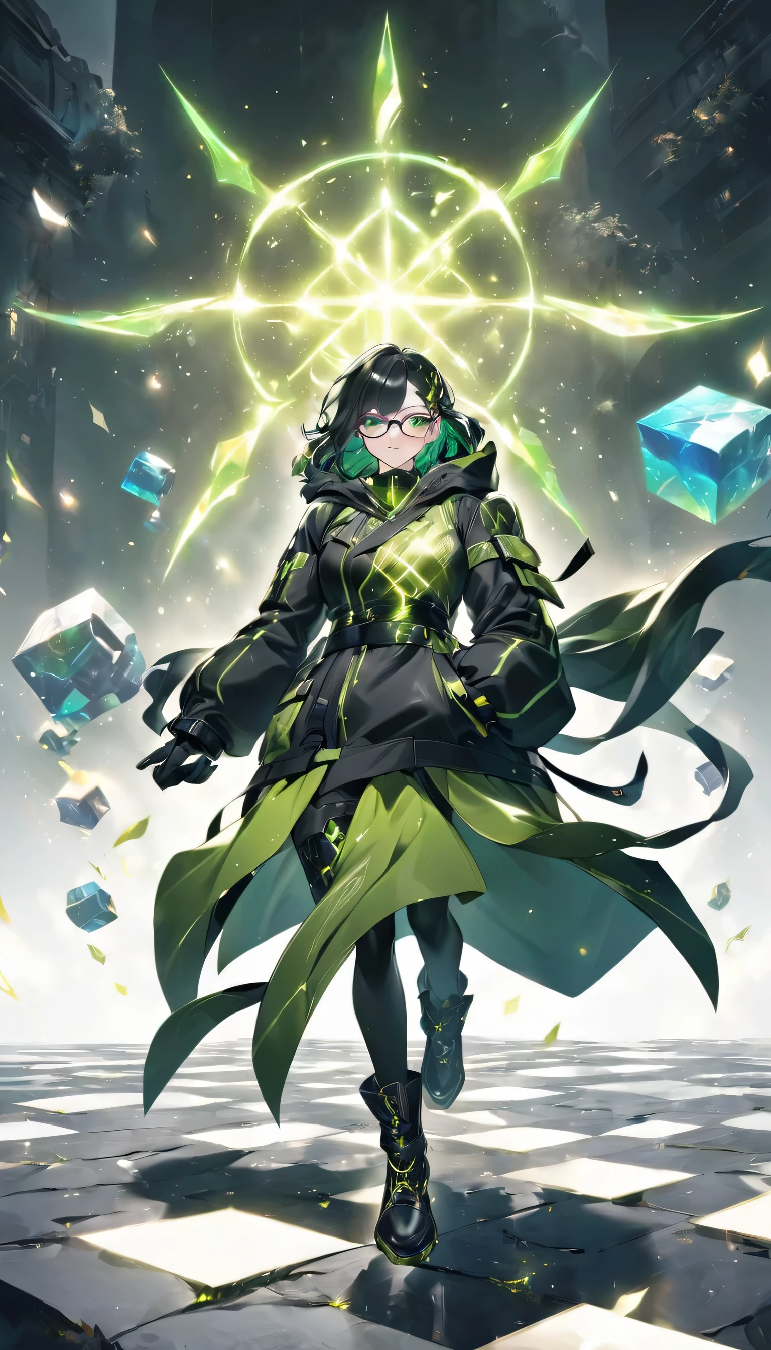 an anime style drawing of a girl in a black and green outfit, 1girl, cube, solo, black hair, hood, gloves, hand in pocket, black gloves, white background, black footwear, floating, glasses,gldnorderxl, radagon of the golden order, glowing effects