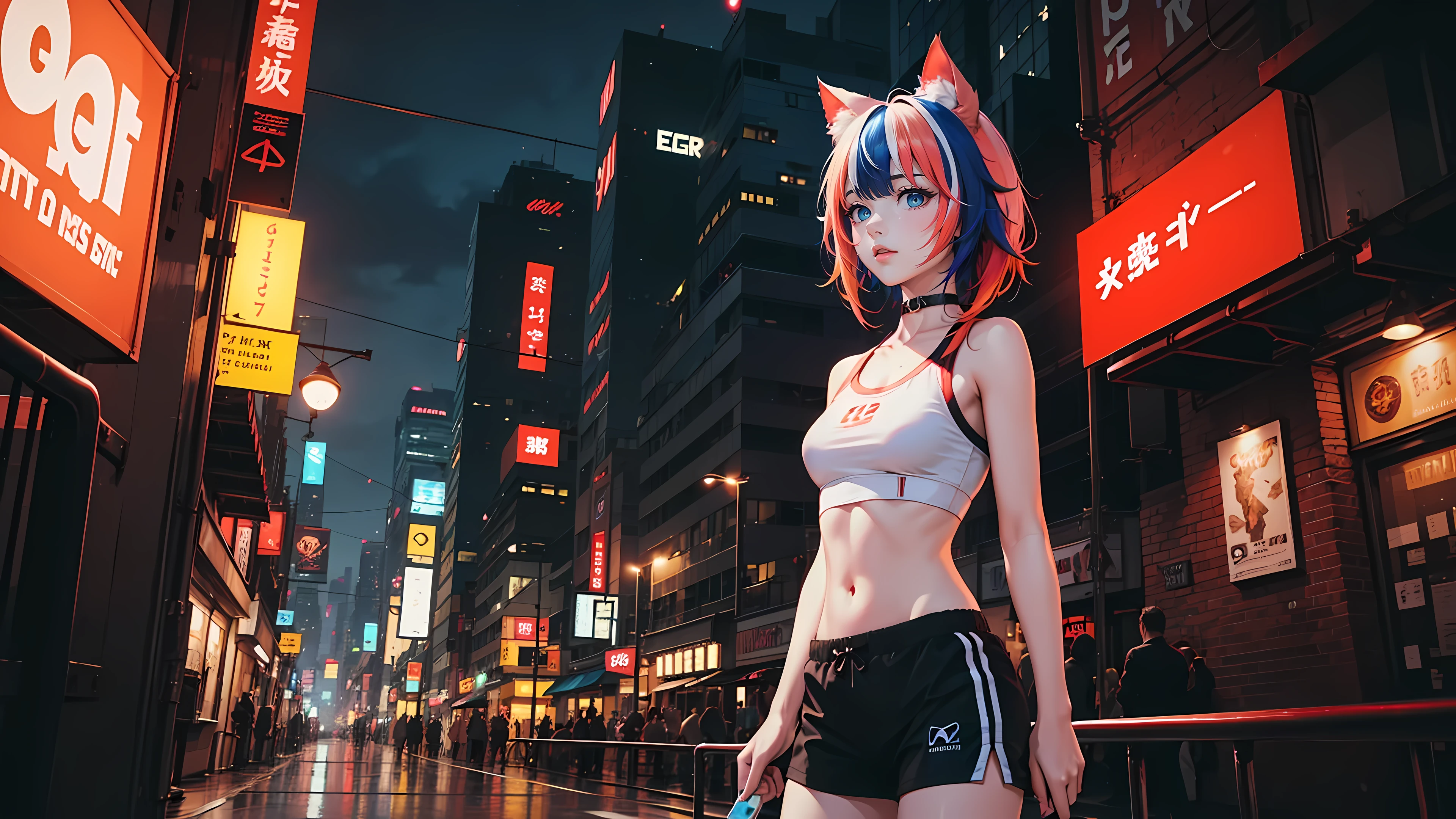 original, beautiful-detailed eyes, cyberpunk city, night, neon light
(1girl:1.5), (solo), crop-top gym top, tight gym shorts, ,toon, small breasts, (standing), cowboy shot,
earrings, cat_ears, ribbon choker, ((colorful streaked hair)), ((( gradient hair))),
4k,CG Digital rendering,wallpaper,illustration,absurdres,Ultra HD,incredibly absurdres,masterpiece,amazing,finely detail,neon light, ((painting, canvas, fine art)), detailedHDR, portrait, 50mm, F/2.8, 1m away,