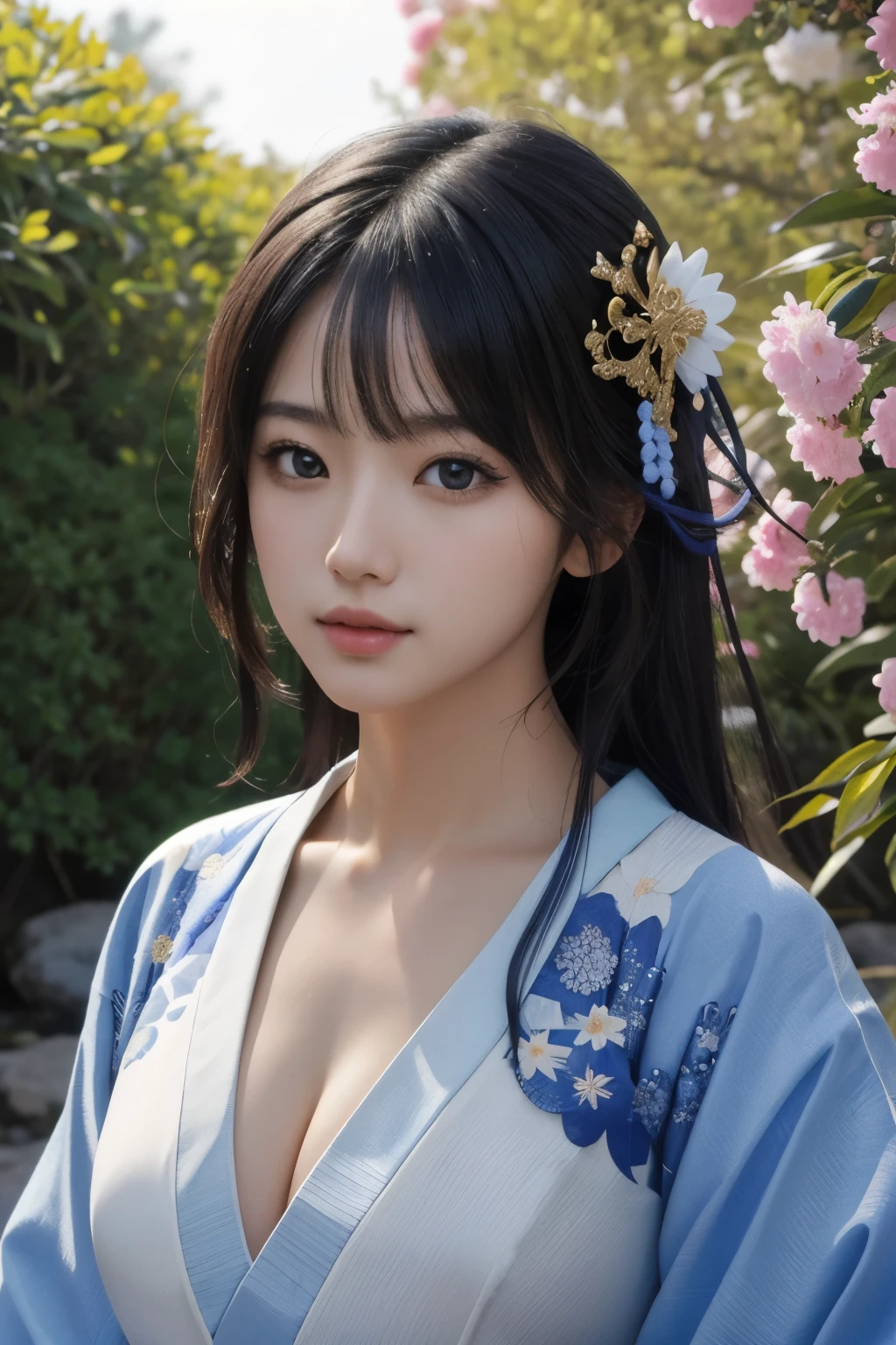 best quality, ultra-detailed, masterpiece, finely detail, highres, 8k wallpaper,beautiful detailed eyes,highly detailed skin,extremely delicate and beautiful girls,masterpiece,real,upper body,outdoors,Raiden Shogun \(genshin impact\),