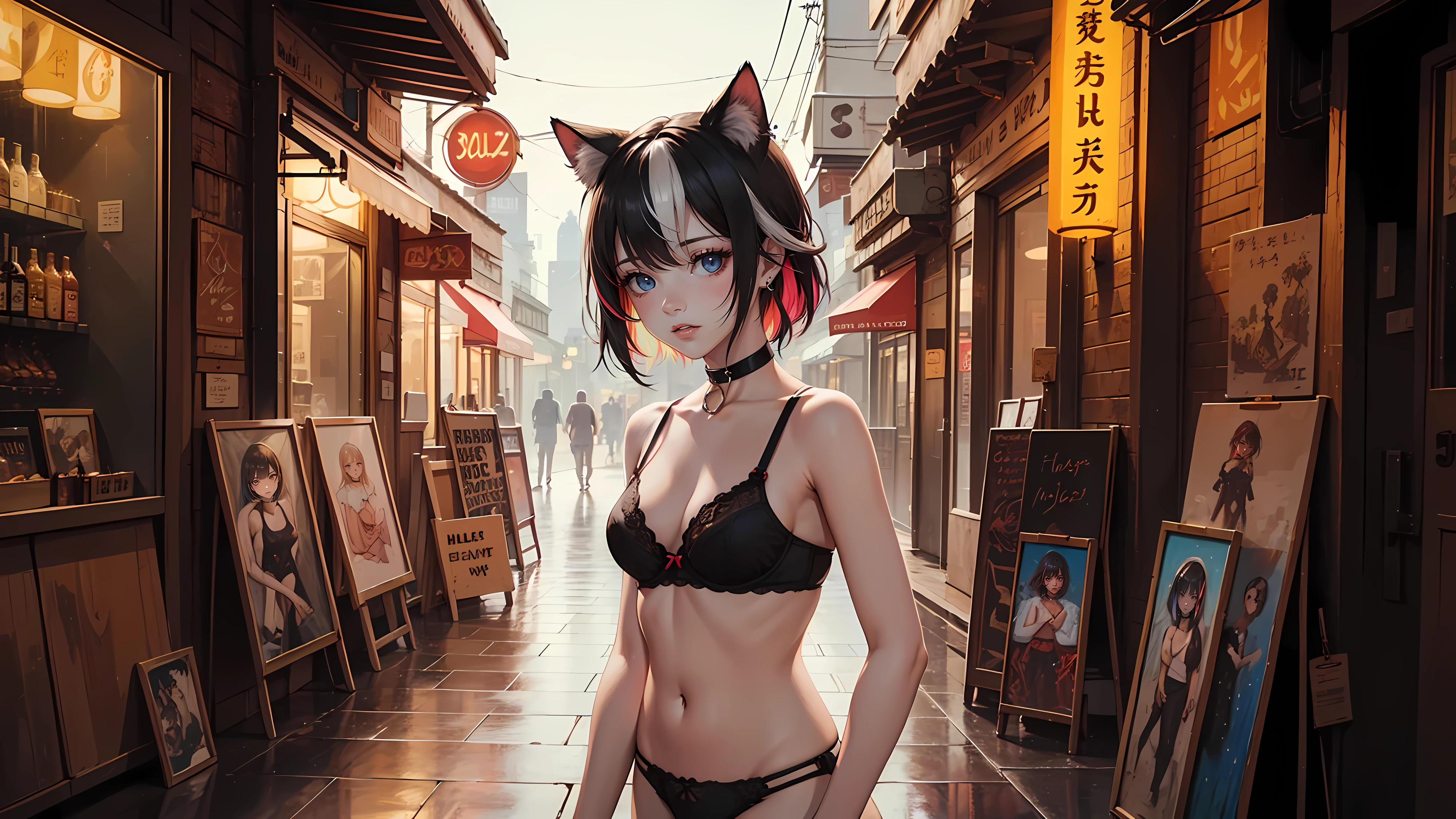 original, beautiful-detailed eyes, cyberpunk city, night, neon light, shops on street,
(1girl:1.5), (solo), black bra, tight black panties, small breasts, (standing), cowboy shot,
earrings, cat_ears, ribbon choker, ((colorful streaked hair)), (((multicolored hair))),
4k, CG Digital rendering, wallpaper, illustration, absurdres, Ultra HD, incredibly absurdres, masterpiece, amazing, finely detail, neon light, ((painting, canvas, fine art)), detailed HDR, portrait, 50mm, F/2.8, 1m away,
