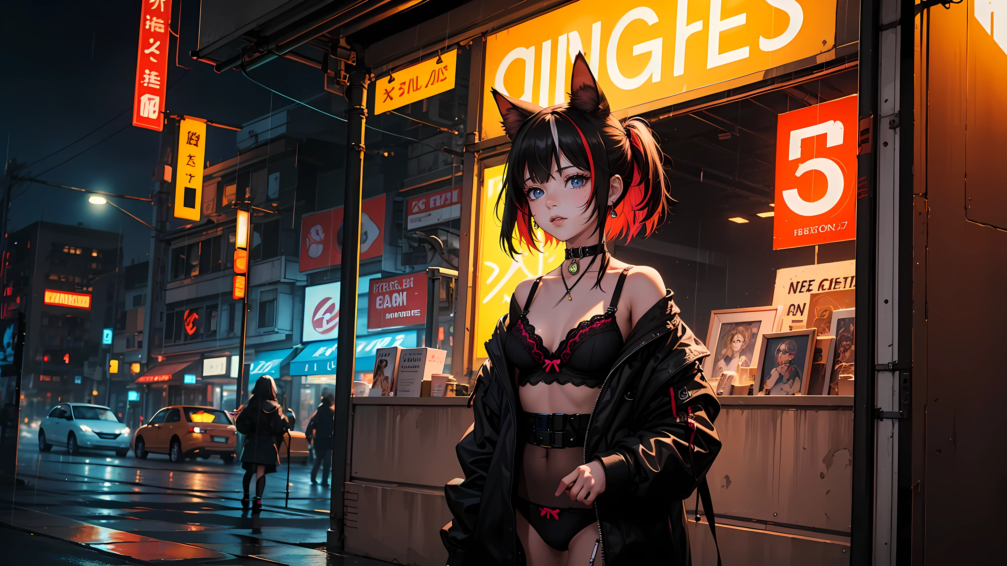 original, beautiful-detailed eyes, cyberpunk city, night, neon light, rain,
(1girl:1.5), (solo), black bra, tight black panties, small breasts, (standing), cowboy shot,
earrings, cat_ears, ribbon choker, ((colorful streaked hair)), (((multicolored hair))),
4k, CG Digital rendering, wallpaper, illustration, absurdres, Ultra HD, incredibly absurdres, masterpiece, amazing, finely detail, neon light, ((painting, canvas, fine art)), detailed HDR, portrait, 50mm, F/2.8, 1m away,