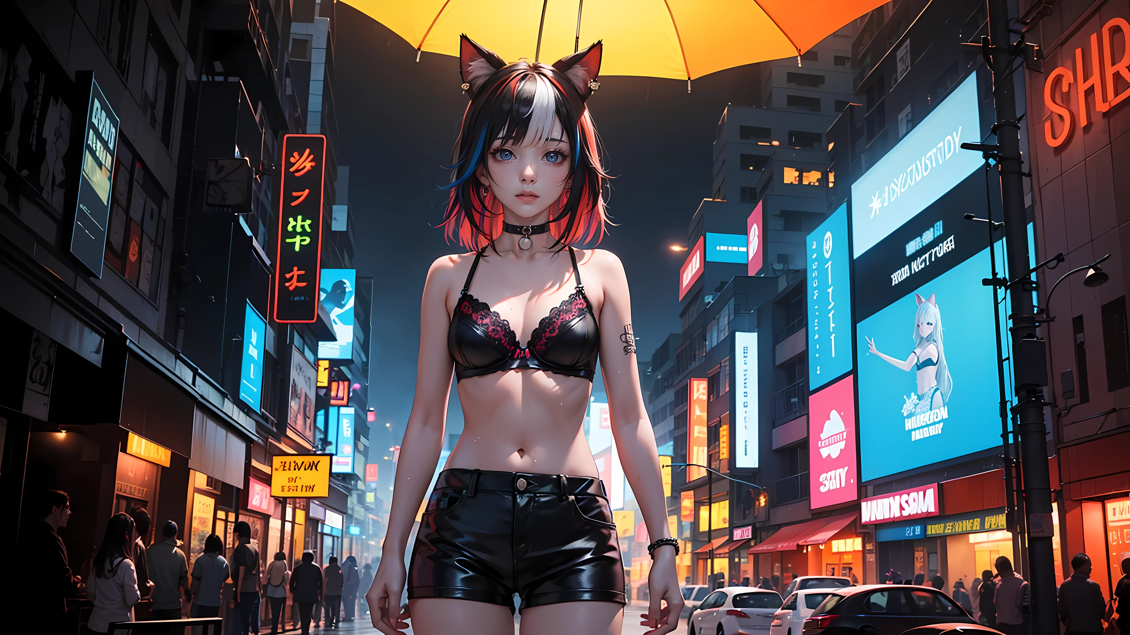 original, beautiful-detailed eyes, cyberpunk city, night, neon light, rain, wet hair,
(1girl:1.5), (solo), black bra, black leather shorts, small breasts, (standing), cowboy shot,
earrings, cat_ears, ribbon choker, ((colorful streaked hair)), (((multicolored hair))),
4k, CG Digital rendering, wallpaper, illustration, absurdres, Ultra HD, incredibly absurdres, masterpiece, amazing, finely detail, neon light, ((painting, canvas, fine art)), detailed HDR, portrait, 50mm, F/2.8, 1m away,