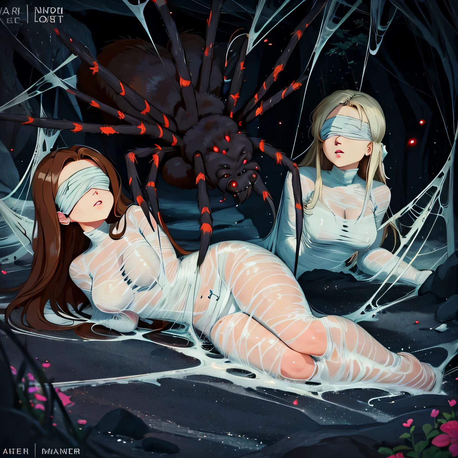 1girl,Spider weaves a net on a girl, very realistic, very detailed,bed,stretched, dark cave, struggle in the net,brown haired, long floral sheer skirt,lying down,(blindfold:1.4),spider web