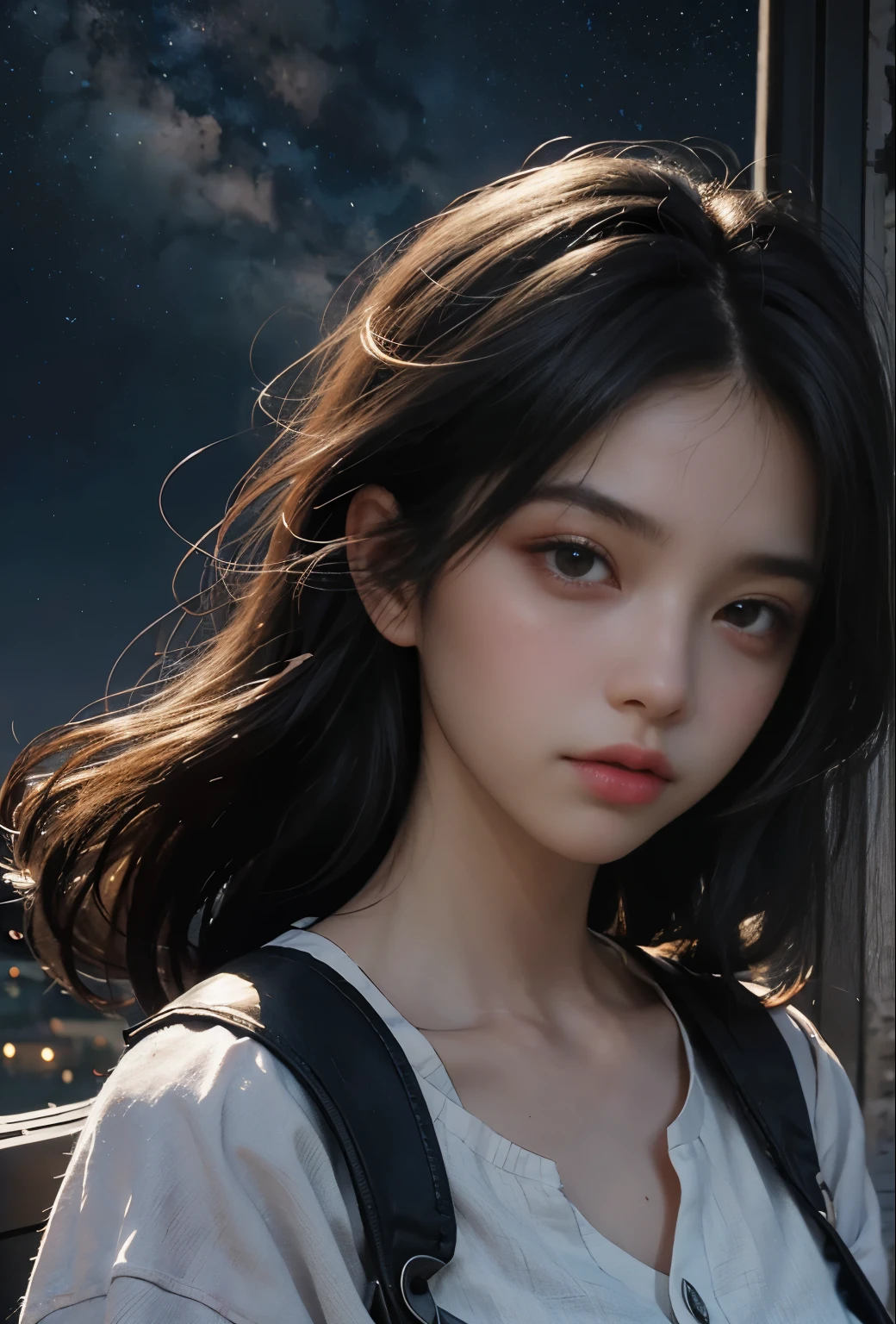 obra maestra, Gorgeous girl, pretty girl, busto, ojos de alto detalle, Ojos perfectos, retrato, Cara de alto detalle, Mismos ojos, Glare, color del arcoiris, Global lighting, Luz tenue, dreamy light, Pintura Digital, Primer plano 8K, Fancy, cielo nocturno, estrellas, nebulosa, cristal blanco, luz de la luna, Serenidad, Verano, (8K:1.1)