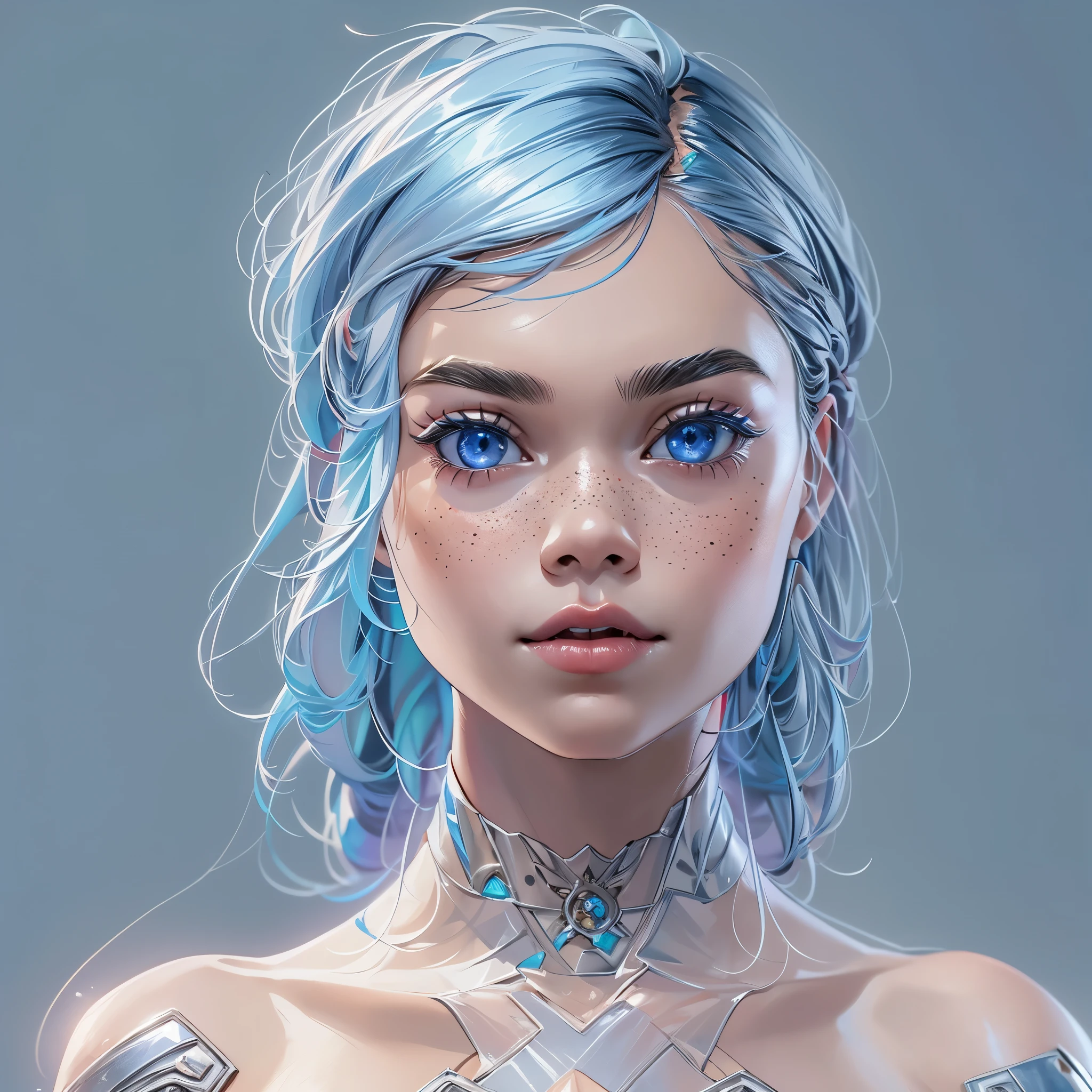 Superhero Girl ("Elle Fanning"), (slender body:1.3), emitting, sparkling, neon, (Correct anatomy:1.4), Revealing bikini. A very beautiful, well-groomed girl, with clear skin, beautiful lips, and a slight smile on her face. Beautiful figure, modern clothes, cool modern couture dress. Sexy. Presentation background, neutral gray-blue, in virtual space. Top quality, 16k. Full HD, Cinematic rendering. Create a piece of art that captures baby Michela's unique beauty..., Famous Digital Influencer. Focus on her unique facial expression as she looks straight into the camera, trying to capture the intensity of her piercing blue eyes. Accurately capture her signature style with a Spanish-style hairstyle styled in two carefully crafted chignons. Add details that reflect her charming and avant-garde personality. We made sure to convey the aura of modernity and originality that characterizes Lil Miquela in the digital world. Some freckles and nevi, long hair, braided hair.