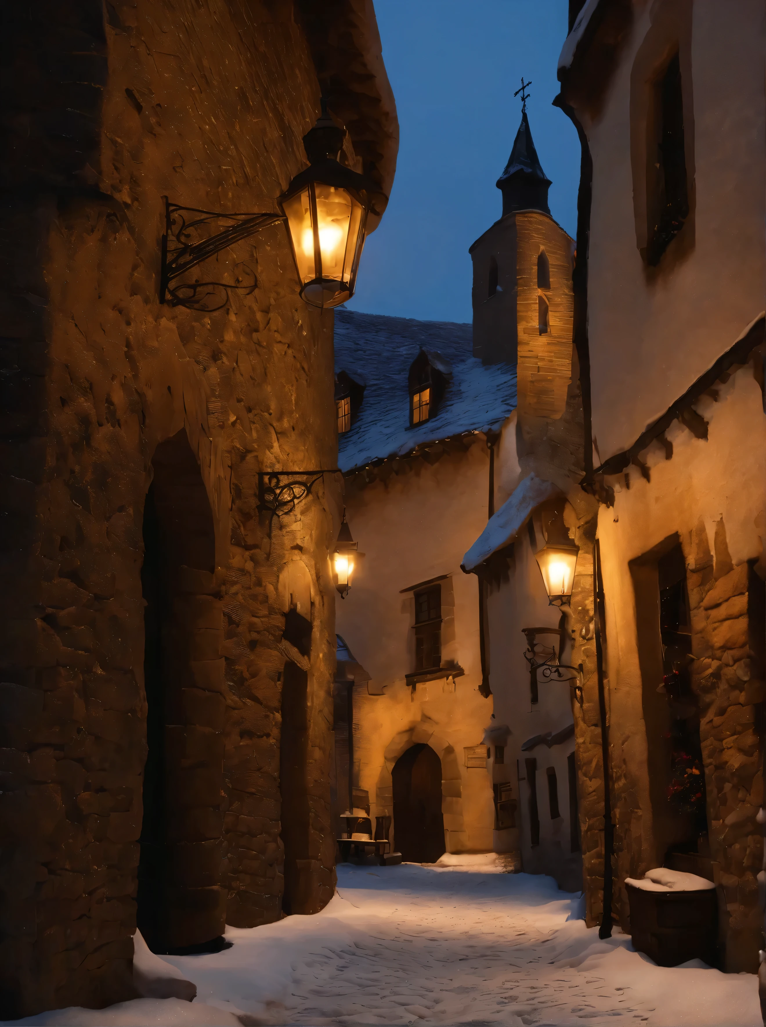 "Medieval street perspective with a bustling crowd, cobblestone pathway, quaint shops, and flickering torches casting atmospheric shadows." snowy