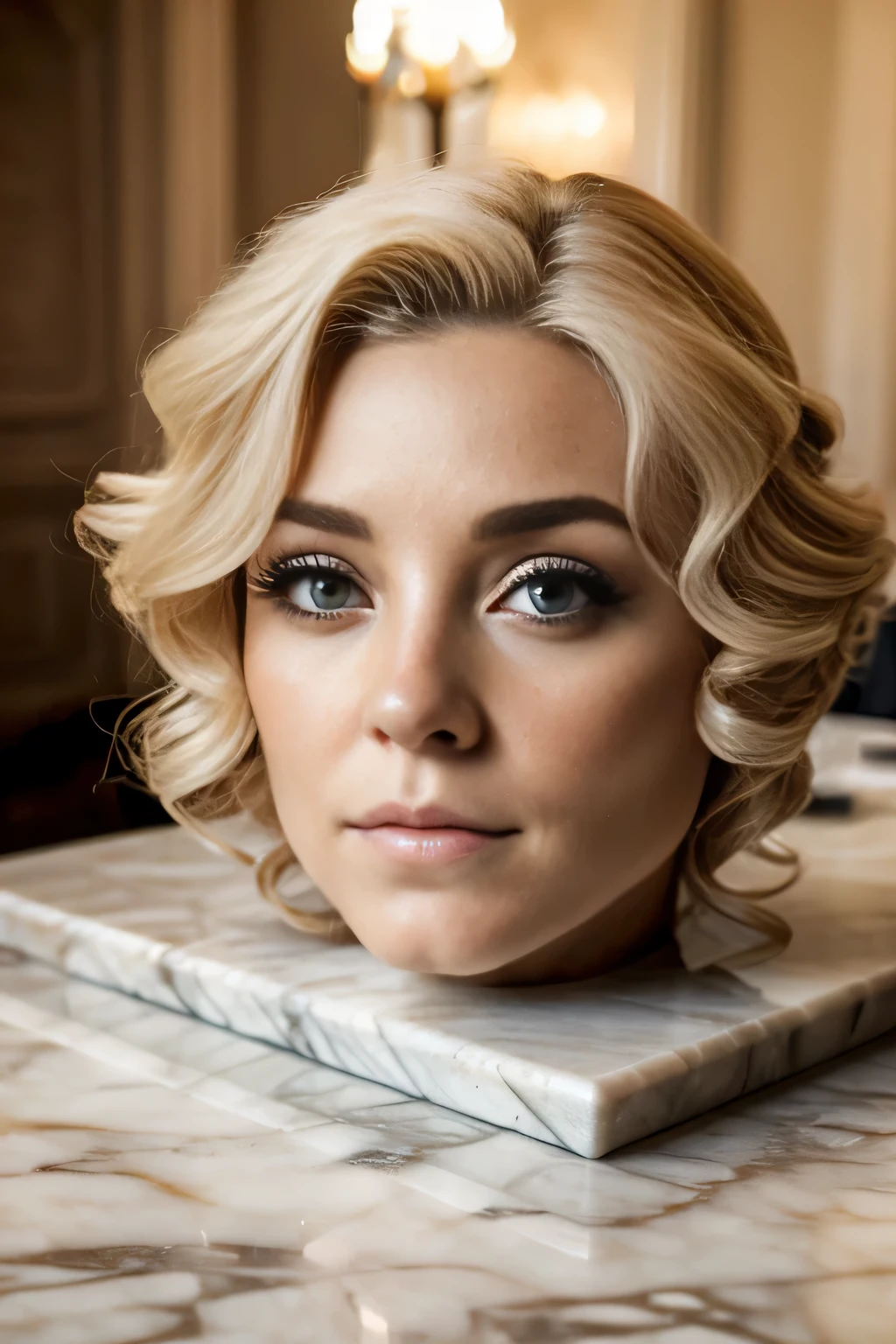 ((disembodied head on a marble table)), detailed skin texture, Une photographie d&#39; female woman with a face, curled blonde hair, crown, ((Lora:pretty makeup, sexy)).