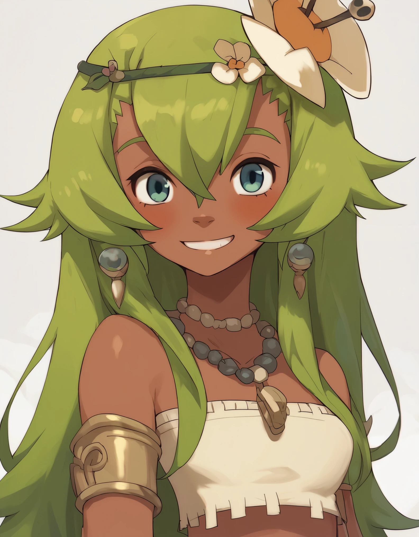 score_9, score_8_up, score_7_up, score_6_up, BREAK, source_cartoon, source_anime, 1girl, amaliayoung, amalia sheran sharm,, green hair, long hair, hair flower, dark skin, bare shoulders, tube top, upper body, smile, looking at viewer, solo, simple background